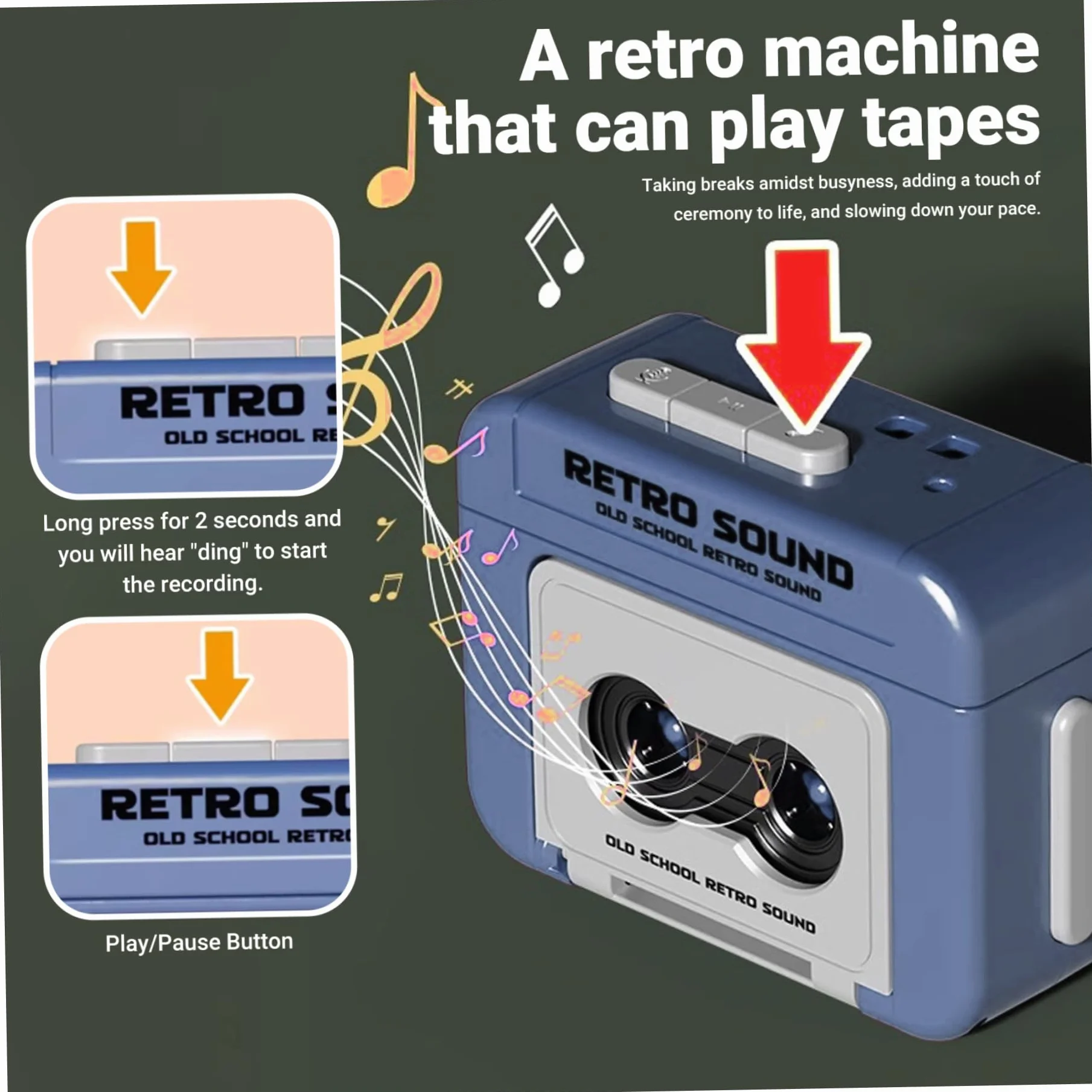 Retro Mini Cassette magnétique clés avec Musique, Lecteur microcassette enregistrable Haut-Parleur intégré pour Sacs à Dos