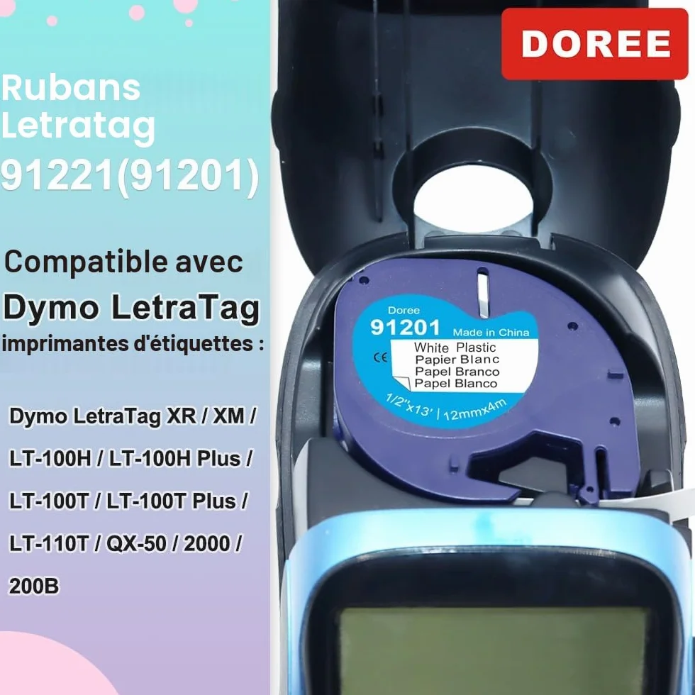 Dymo Letratag Ruban plastique 12 mm x 4 m noir sur blanc lot de 6 compatible LT-100H LT-100T XR XM QX50 200B