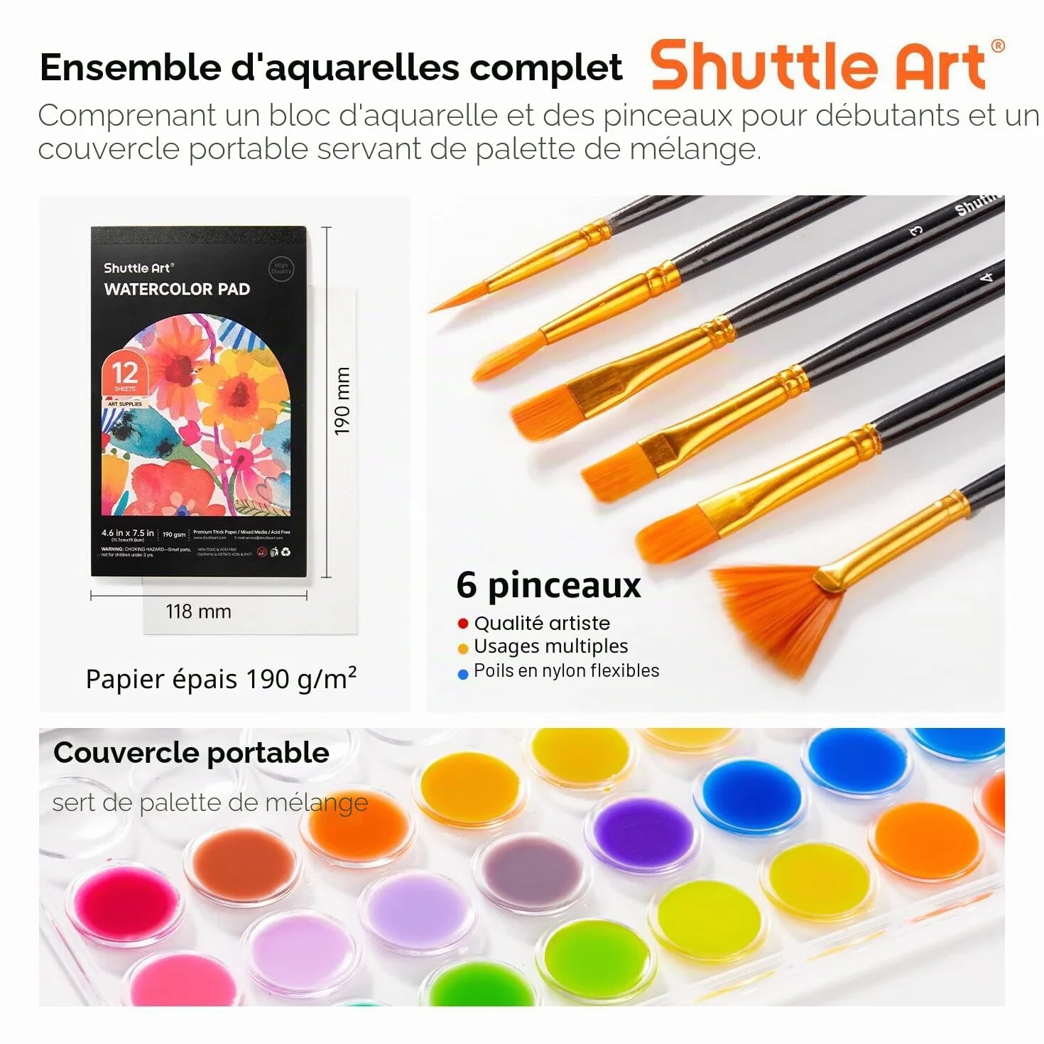 Shuttle Art Aquarelle Peinture, 36 Couleurs Set de Peinture Aquarelle avec 6 Pinceaux et 1 Bloc
