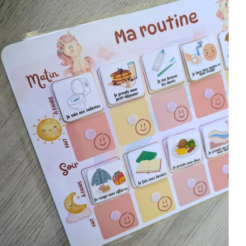 Licorne Tableau routine enfant Planning matin soir Calendrier tâches rituels 30 étiquettes