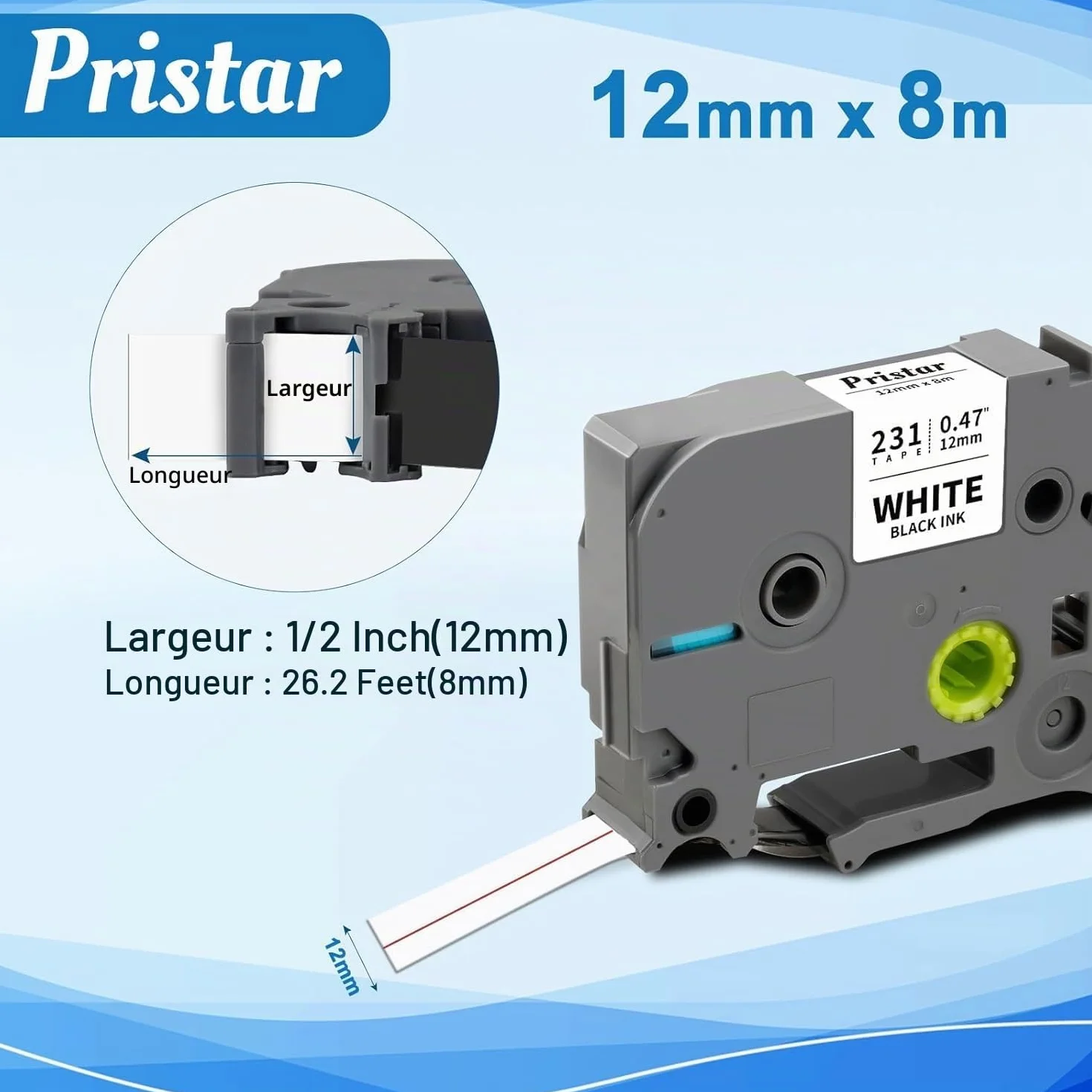 Pristar Brother TZe-231 TZ231 TZ-231 Tze Noir sur Blanc Laminé Cassette 12mm