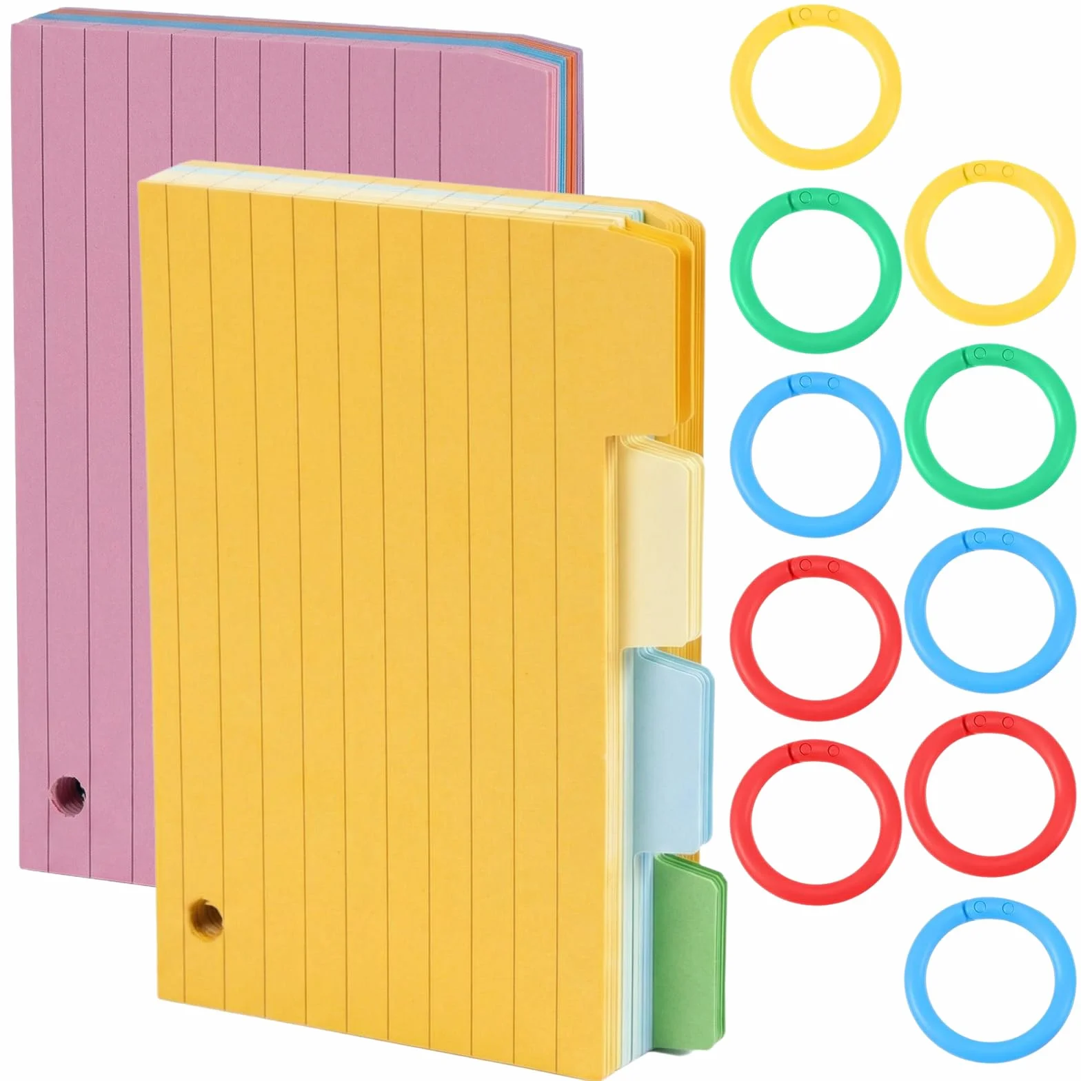 Blocs de Fiches Bristol de Révision 200 Pcs avec 10 Anneaux Colorés Flashcards Lignées pour Étude et Bureau