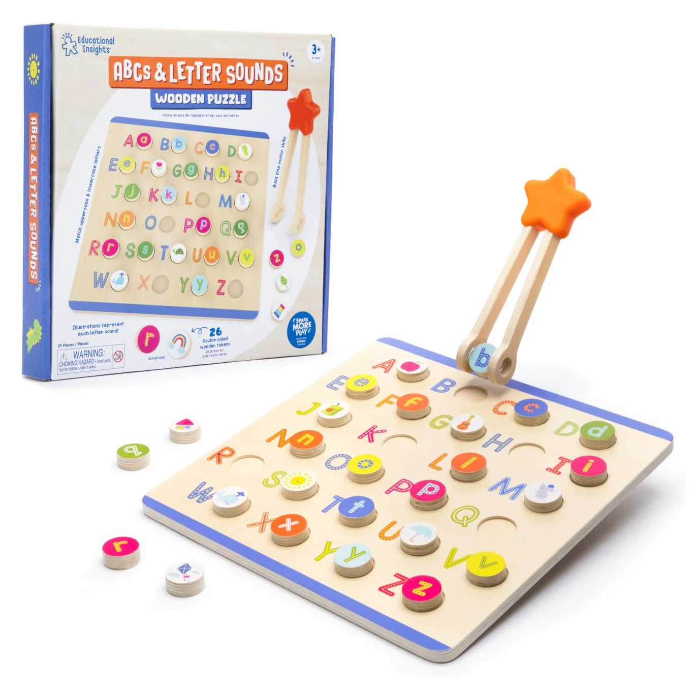 Learning Resources Puzzle en Bois ABC et Phonétiques des Lettres, 26 Jetons, Jouet Montessori, Cadeau 3 4 5 Ans