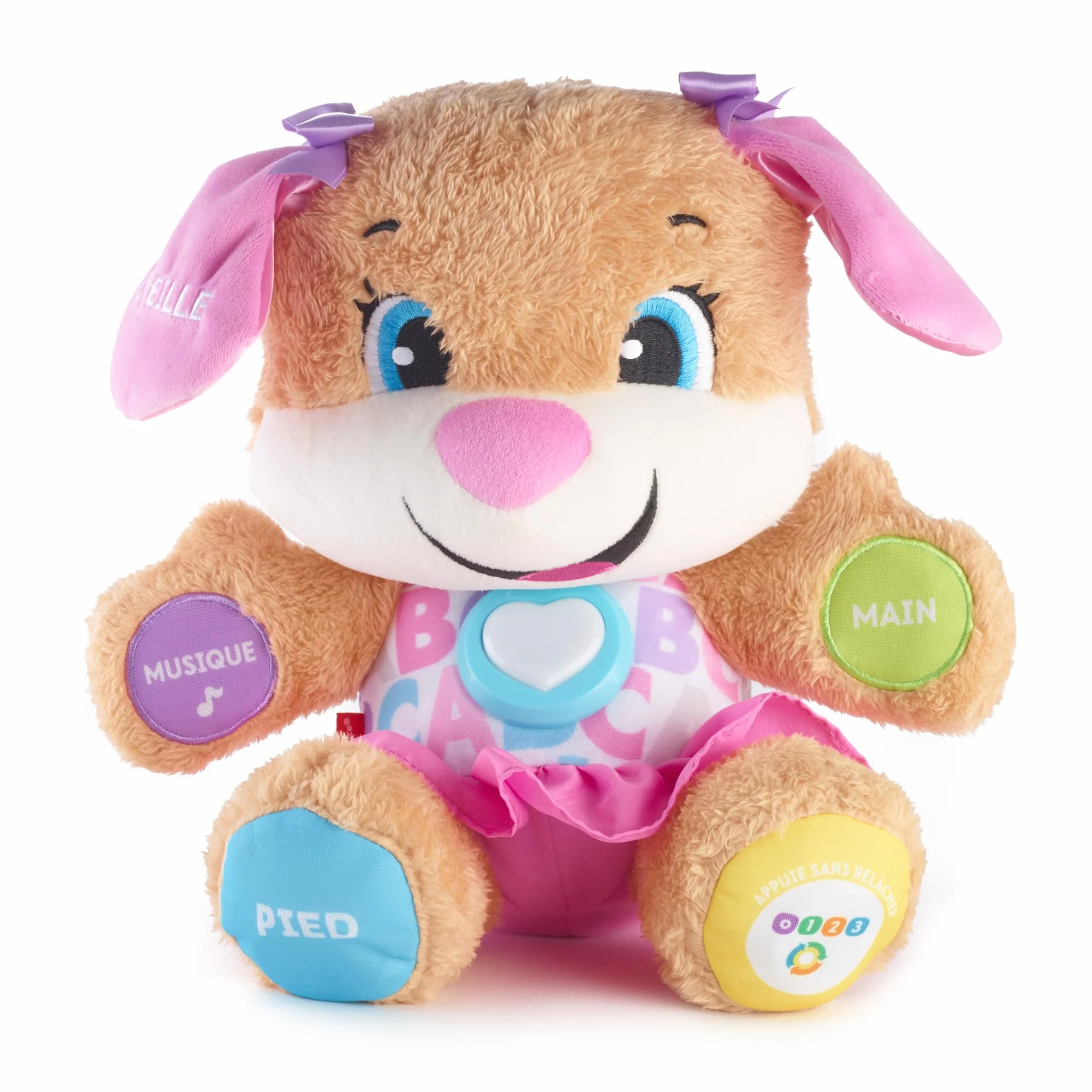 Fisher-Price Peluche Interactive Eveil Progressif Sœur de Puppy, 50+ Chansons, 3 Niveaux, Version Française, 6 Mois+, FPP52
