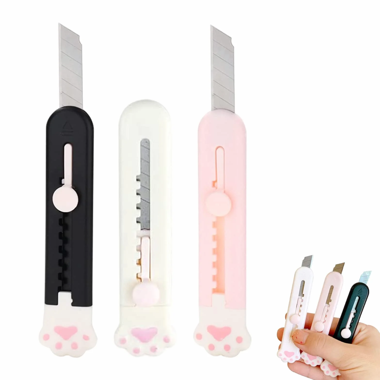 Mini Cutter Rétractable Patte de Chat, Couteau Utilitaire Ouvre-Lettre Coupe-Boîte pour Carton Papier, 3 Couleurs