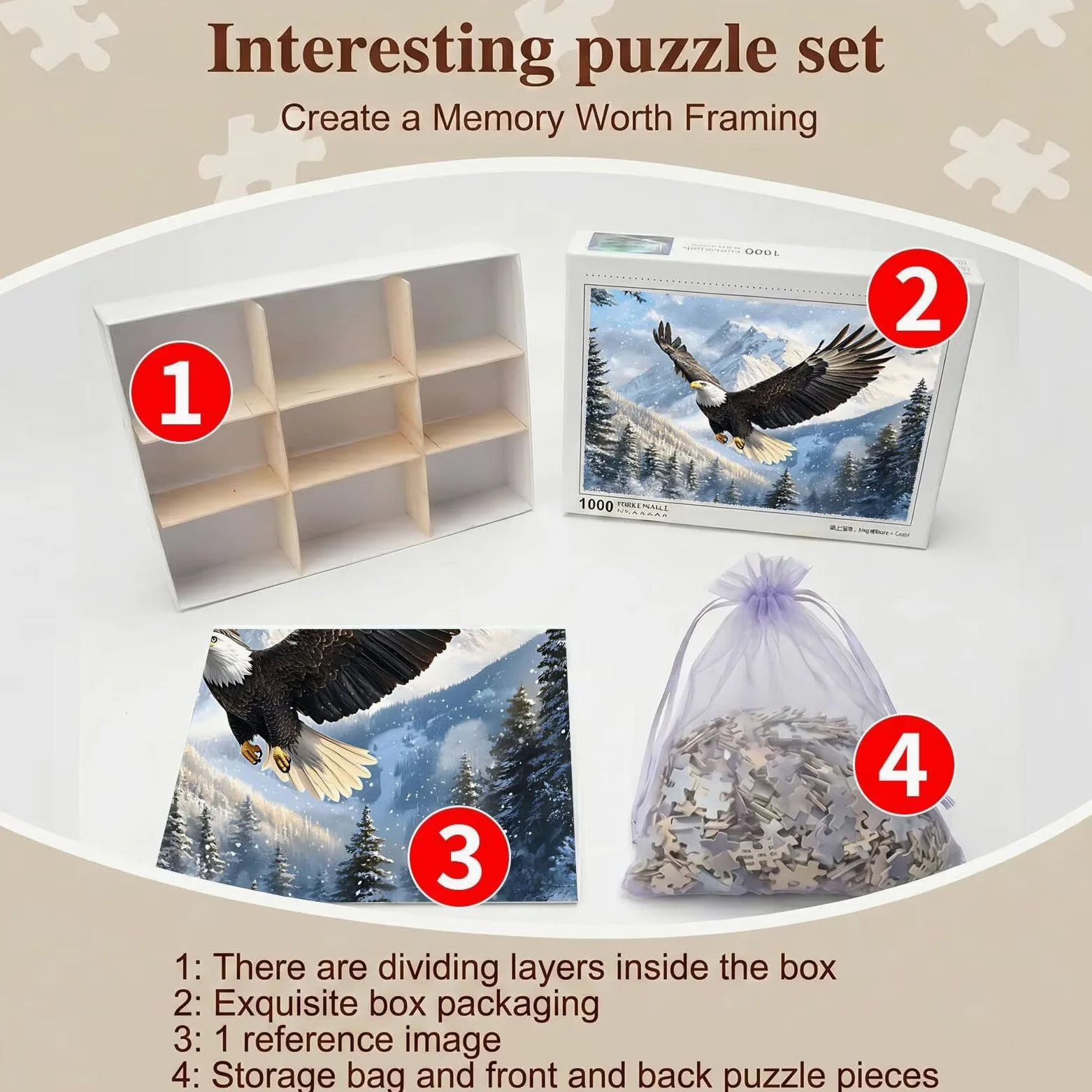 Paysage Aigle Puzzle 1000 Pièces pour Adultes, Format 75 x 50 cm, Challenge Casse-Tête de Famille, Loisirs Créatifs et Relaxation, Pièces Robustes avec Lettres au Dos, Décor Murale Salon f0-517