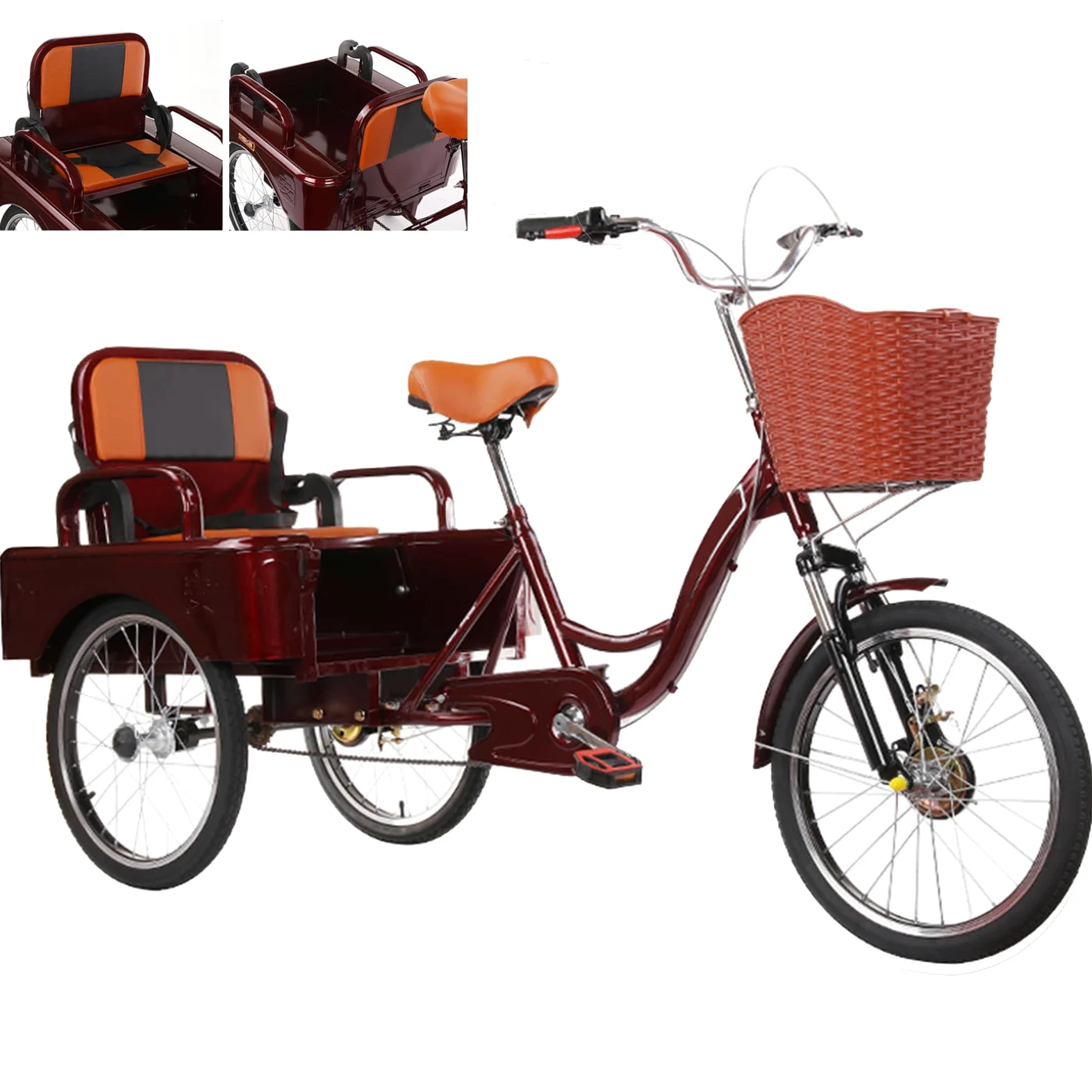 Tricycle Adulte 3 Roues 20 Pouces - Siège Passager Pliable, vélo Cruiser Confortable pour passagers et Chargement, idéal pour Le Shopping/Pique-Nique, Charge maximale 200 kg/440 lbs