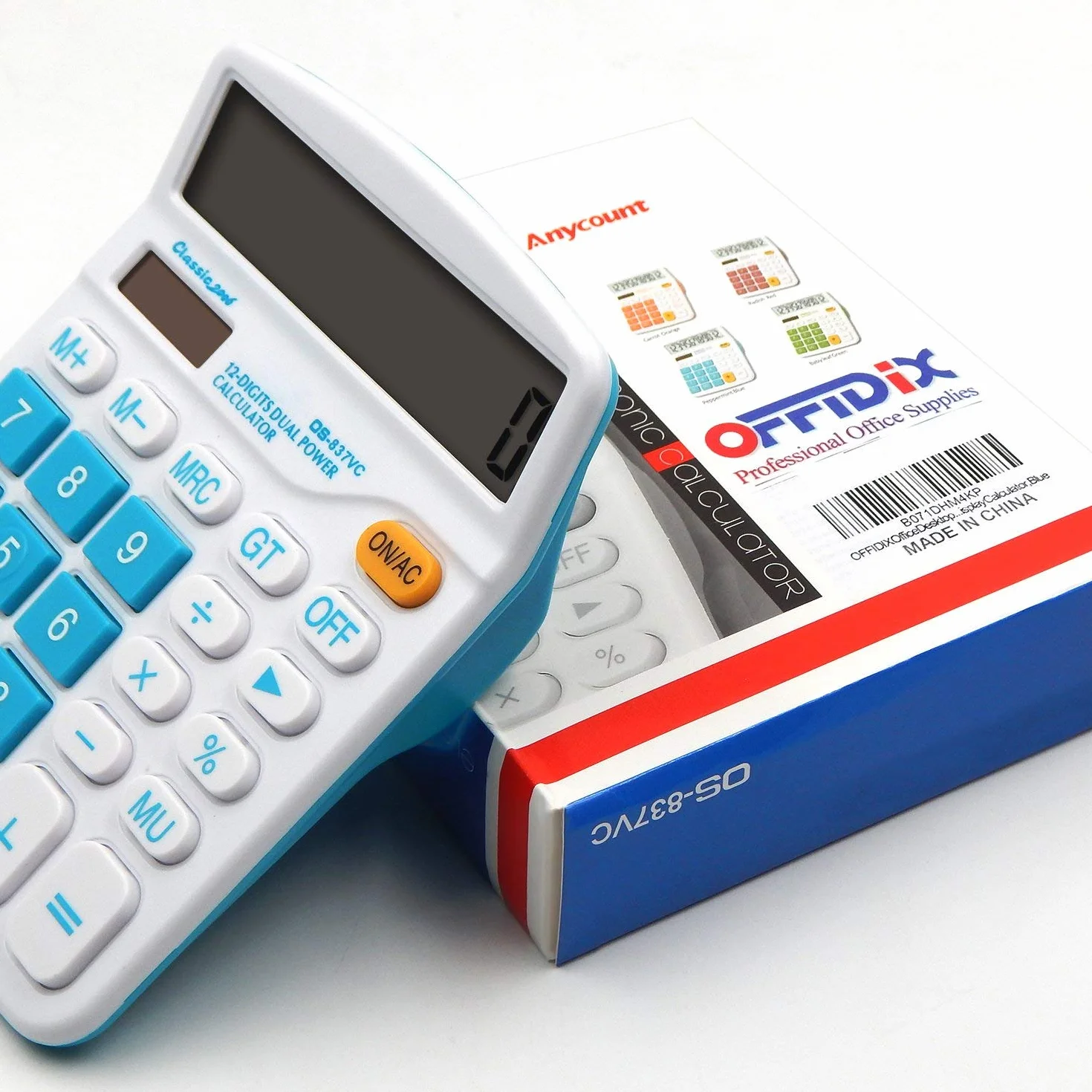 OFFIDIX Calculatrice Bureau Solaire et Batterie 12 Chiffres Grand écran LCD Bleu