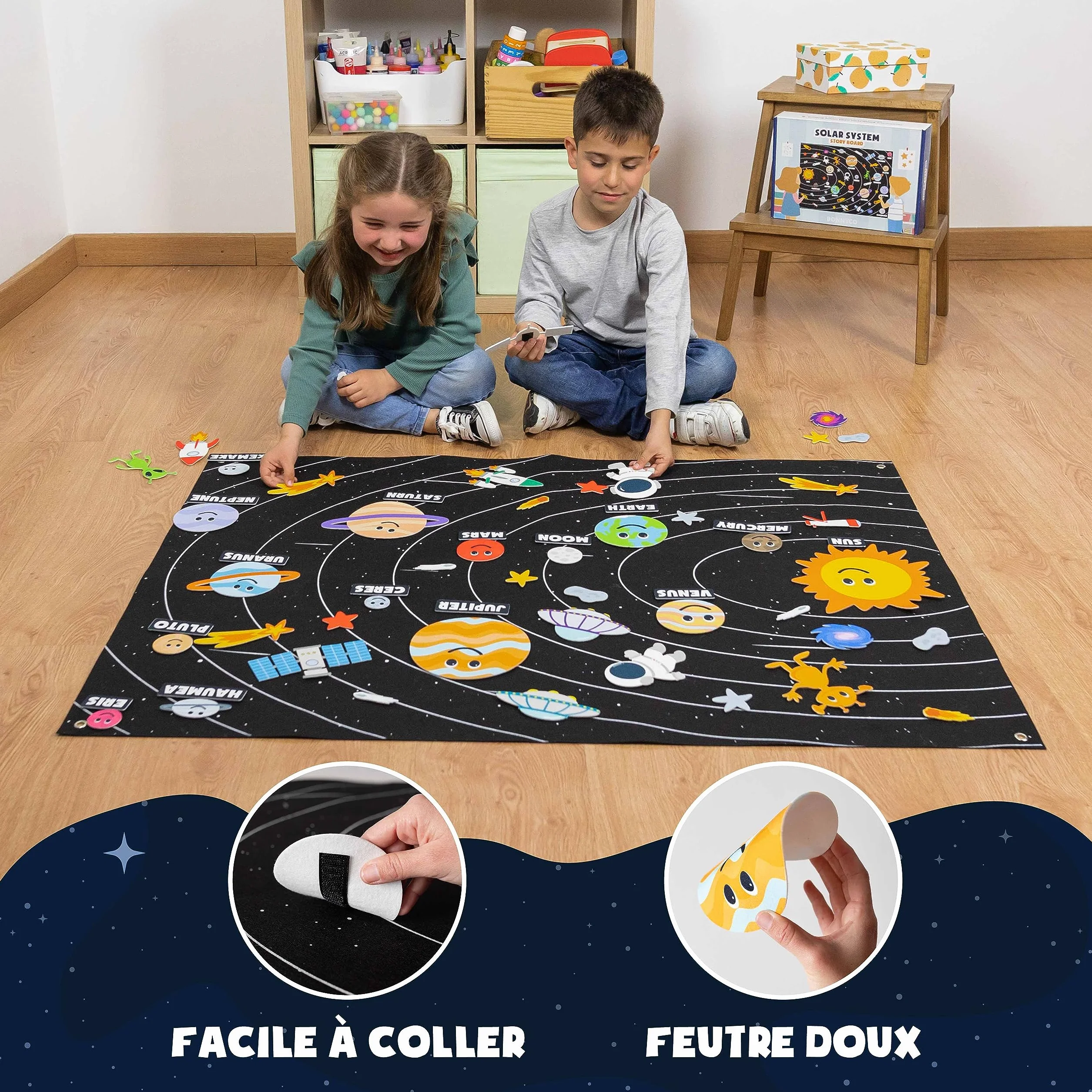 BONNYCO Systeme Solaire Enfant 61 Figurines Feutre Planetes Jouet Montessori Educatif Cadeau Garcon Espace 3 4 5 6 7 8 Ans