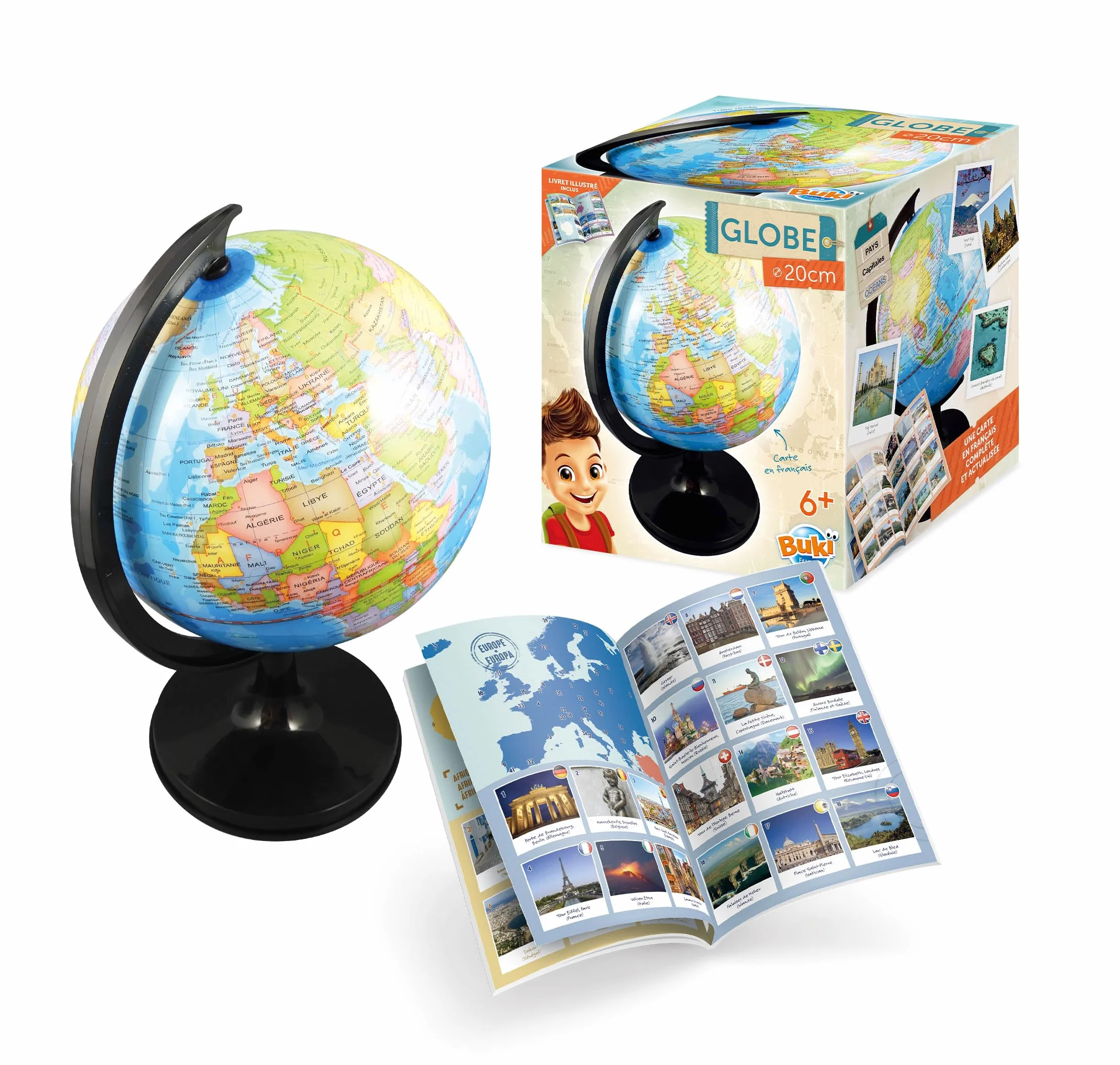 Globe Terrestre 20 cm pour Enfants – Découverte Pays, Villes, Océans et Fleuves – Socle Noir Mat – Éducatif dès 6 Ans