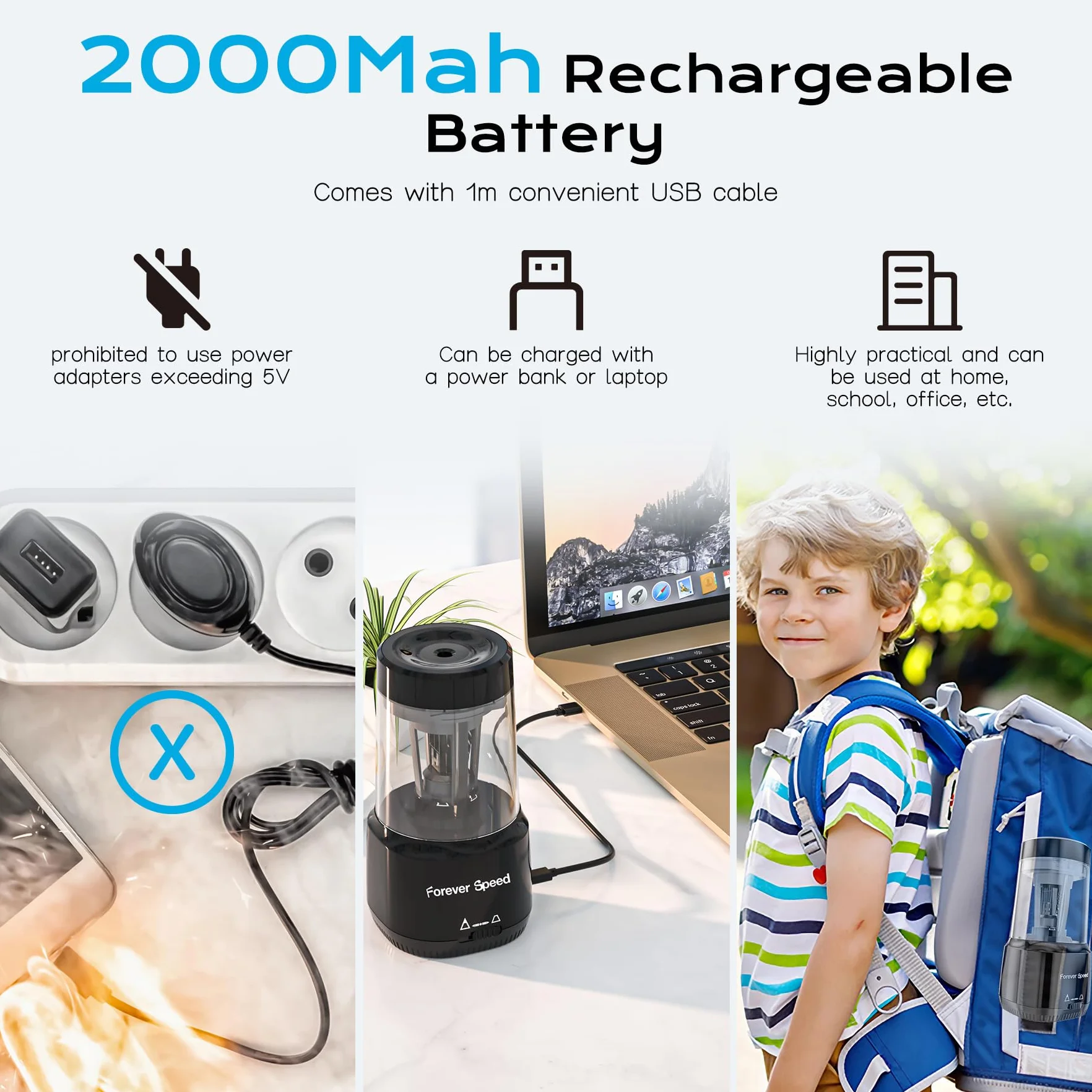 Forever Speed taille-crayon électrique professionnel rechargeable USB pour crayons 6-8 mm bureau classe maison