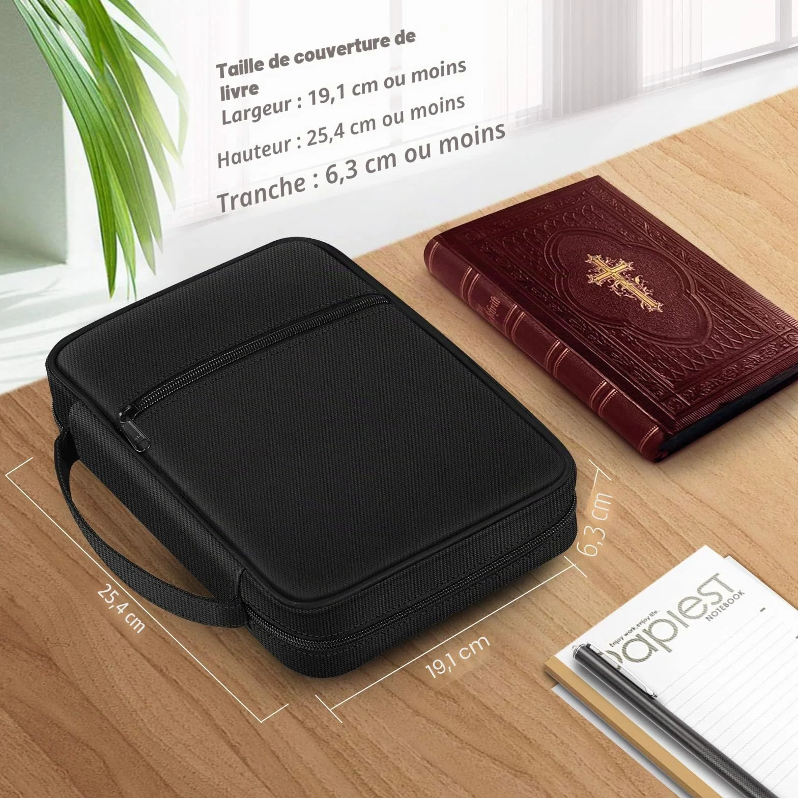 FINPAC Étui de protection Bible avec poignée poche zippée taille standard Noir