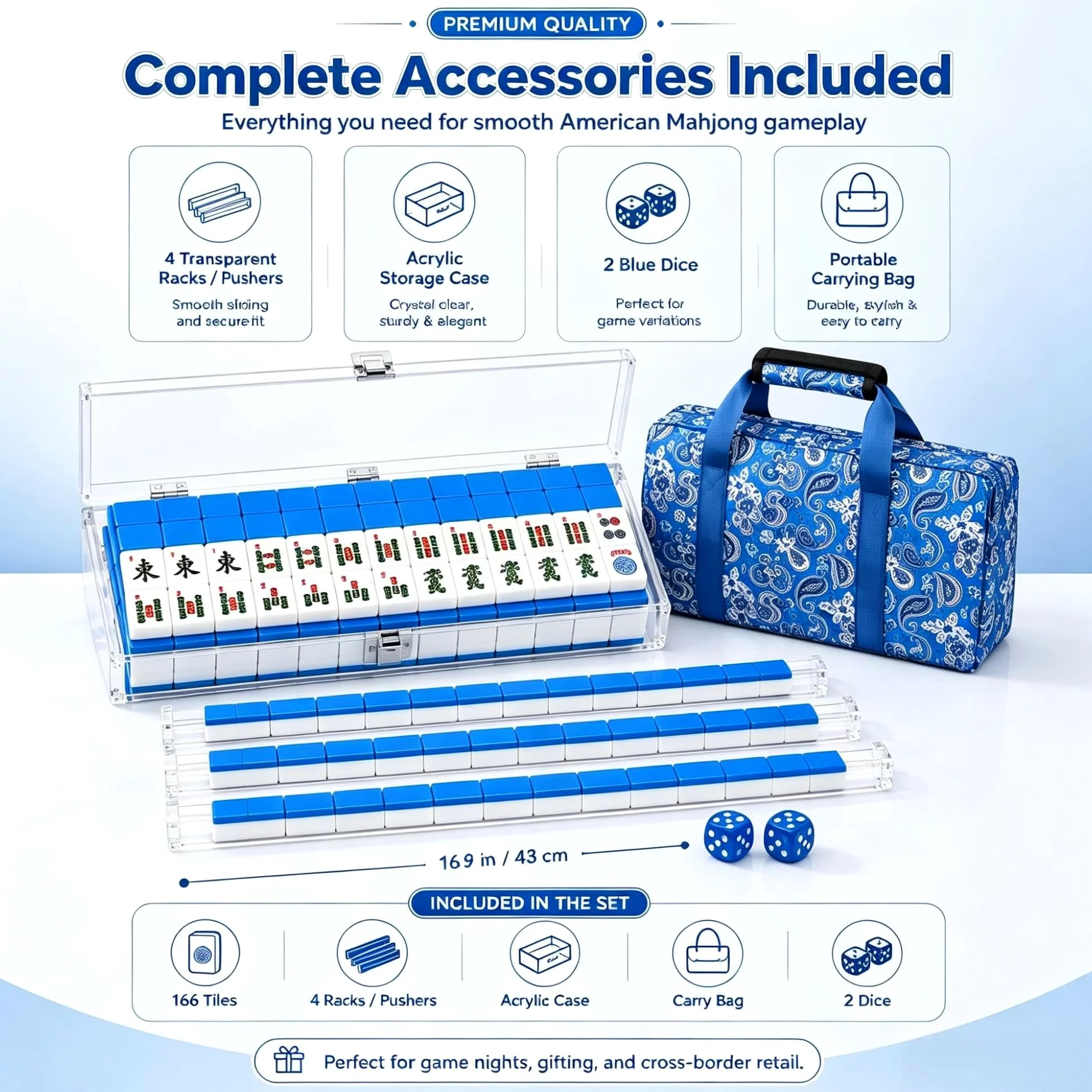 Ensemble Mahjong américain 166 pièces avec Accessoires complets | Ensemble mahjong américain 166 tuiles mélaminées, supports acryliques, étui, sac ; tapis optionnel pour jeux familiaux