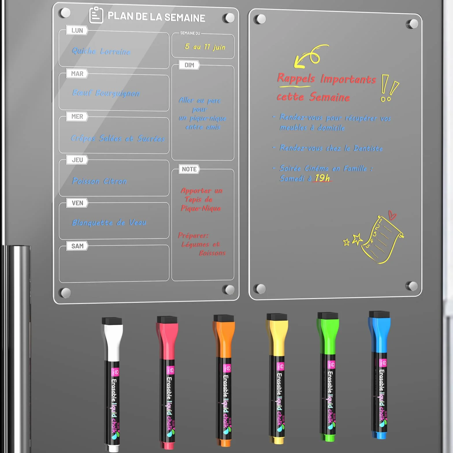 Lot de 2 Tableau Magnétique Frigo 30 x 20 cm Acrylique Planning Semaine Effaçable Transparent avec Marqueur à Craie Liquide 6 Couleurs