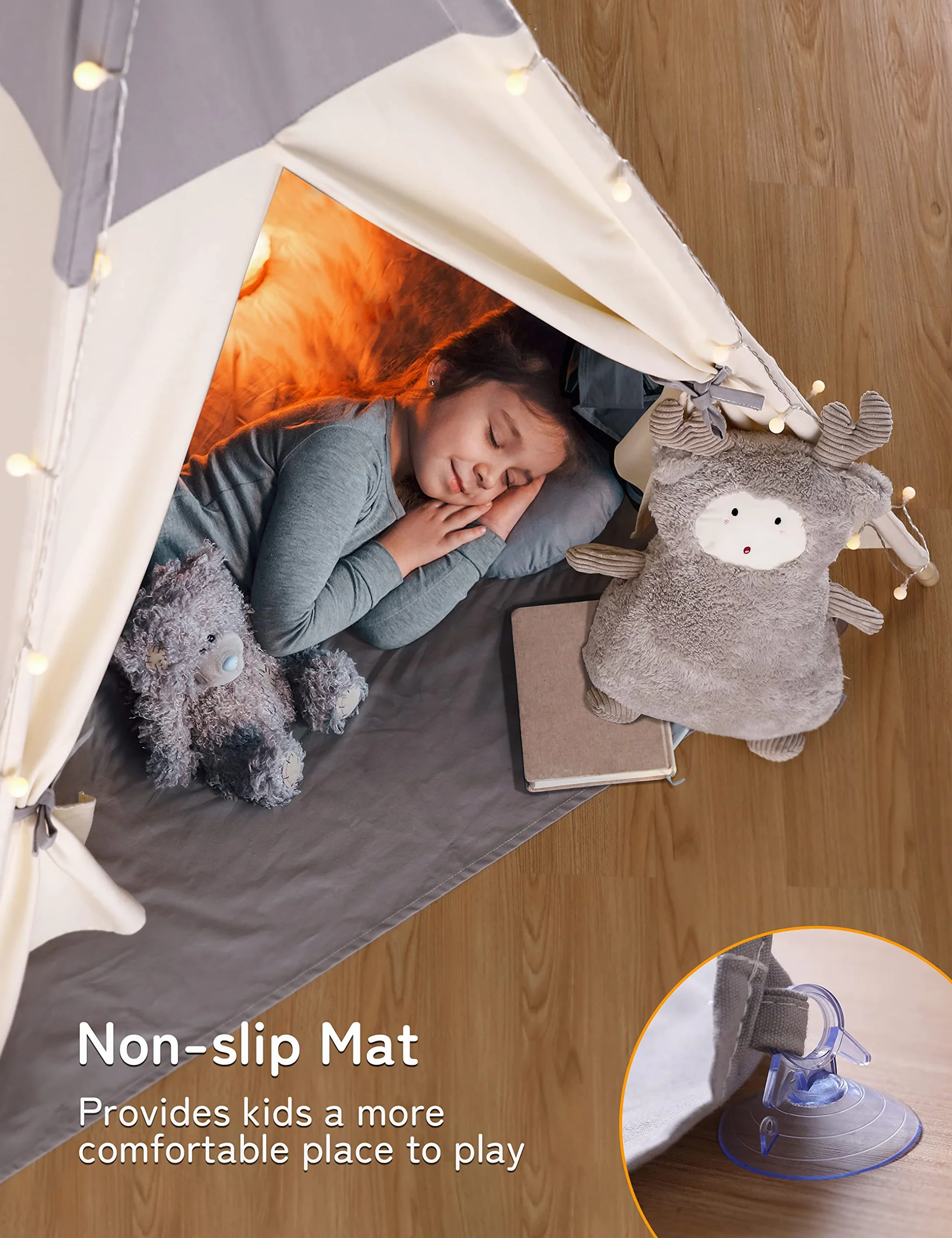 Tipi Enfant avec lumière Tapis & fixateur, Grande Tente Pliante pour Bebe Gris