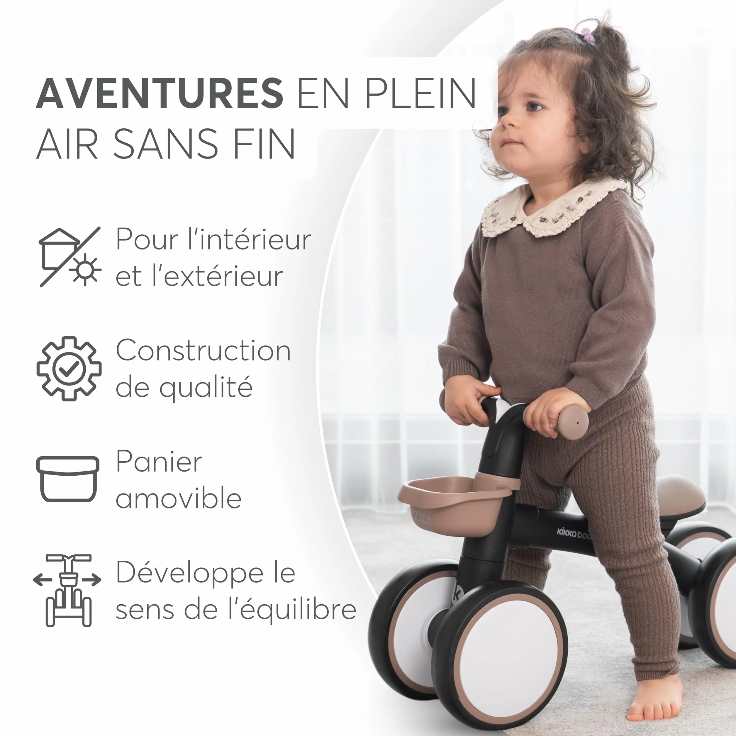KikkaBoo Vélo sans pédales ZIPI, vélo d'équilibre bébé 1-3 Ans avec Panier réglable