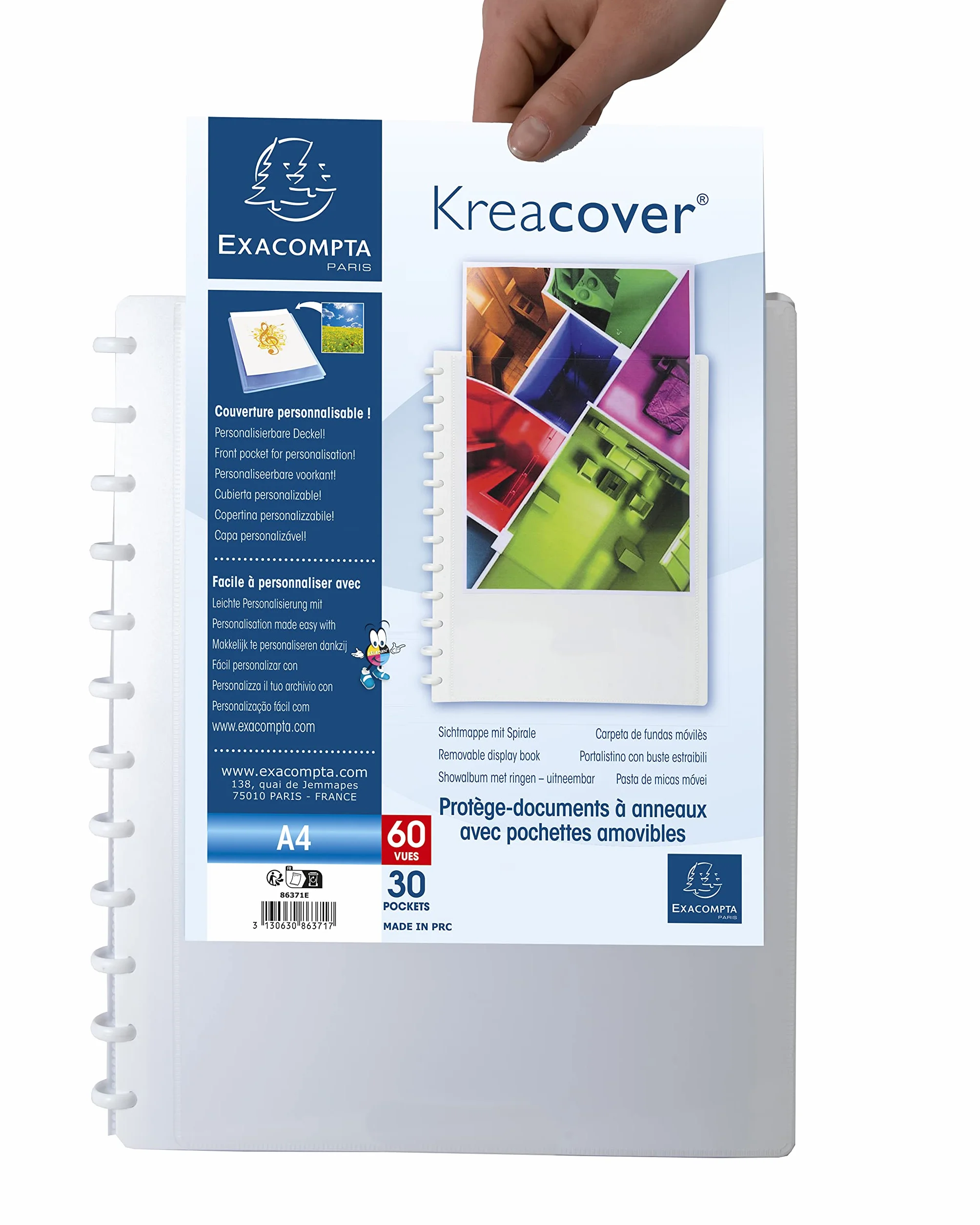 Exacompta Protège-documents amovible à anneaux 30 pochettes A4 24,5x31cm blanc Kreacover