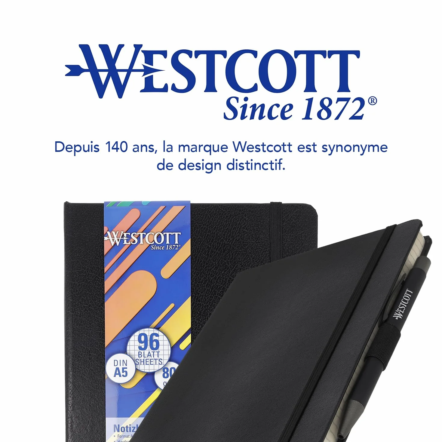 Westcott Carnet de notes DIN A5 quadrillé 192 pages 80 g/m² papier FSC-Mix avec poche intérieure marque-page porte-stylo