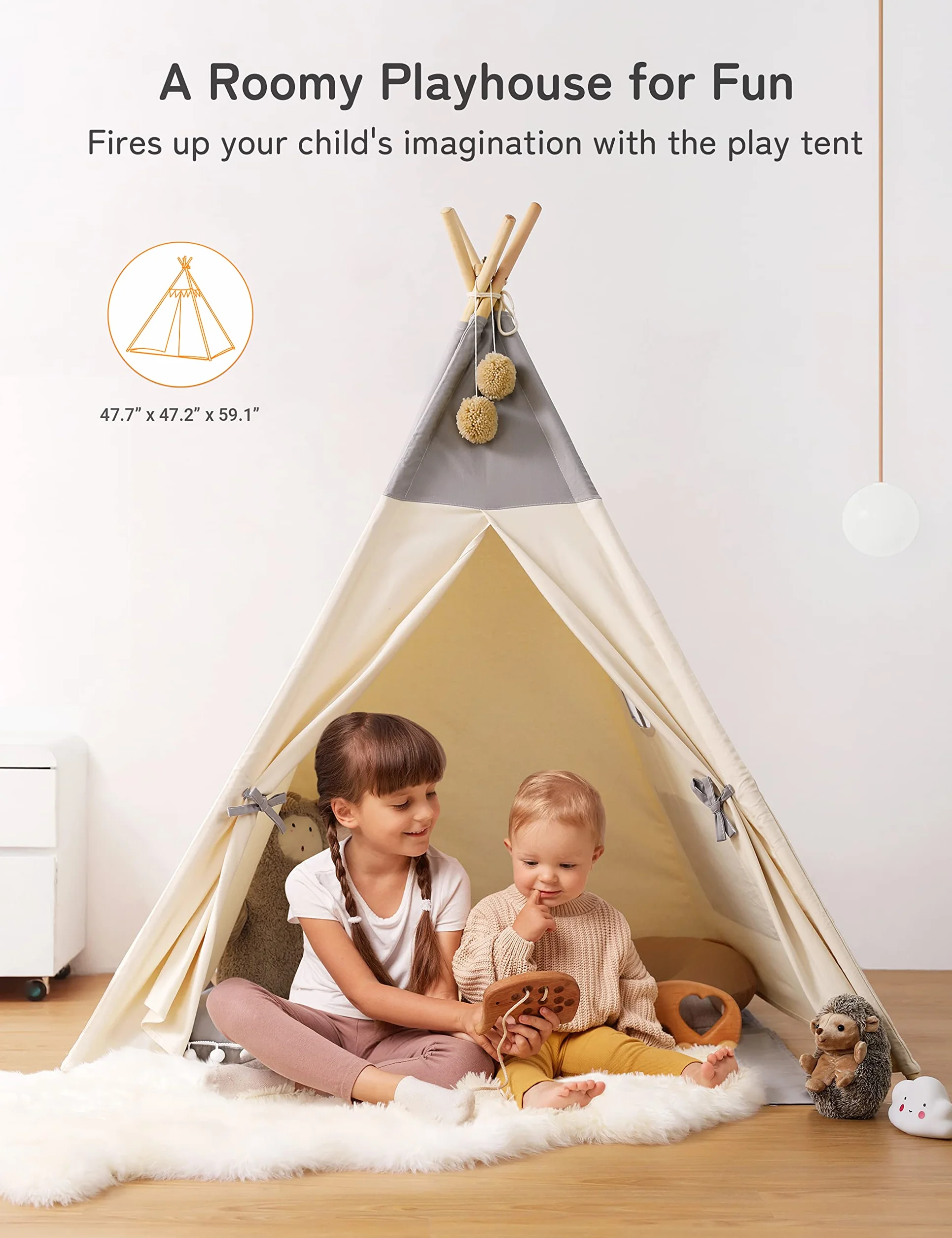 Tipi Enfant avec lumière Tapis & fixateur, Grande Tente Pliante pour Bebe Gris