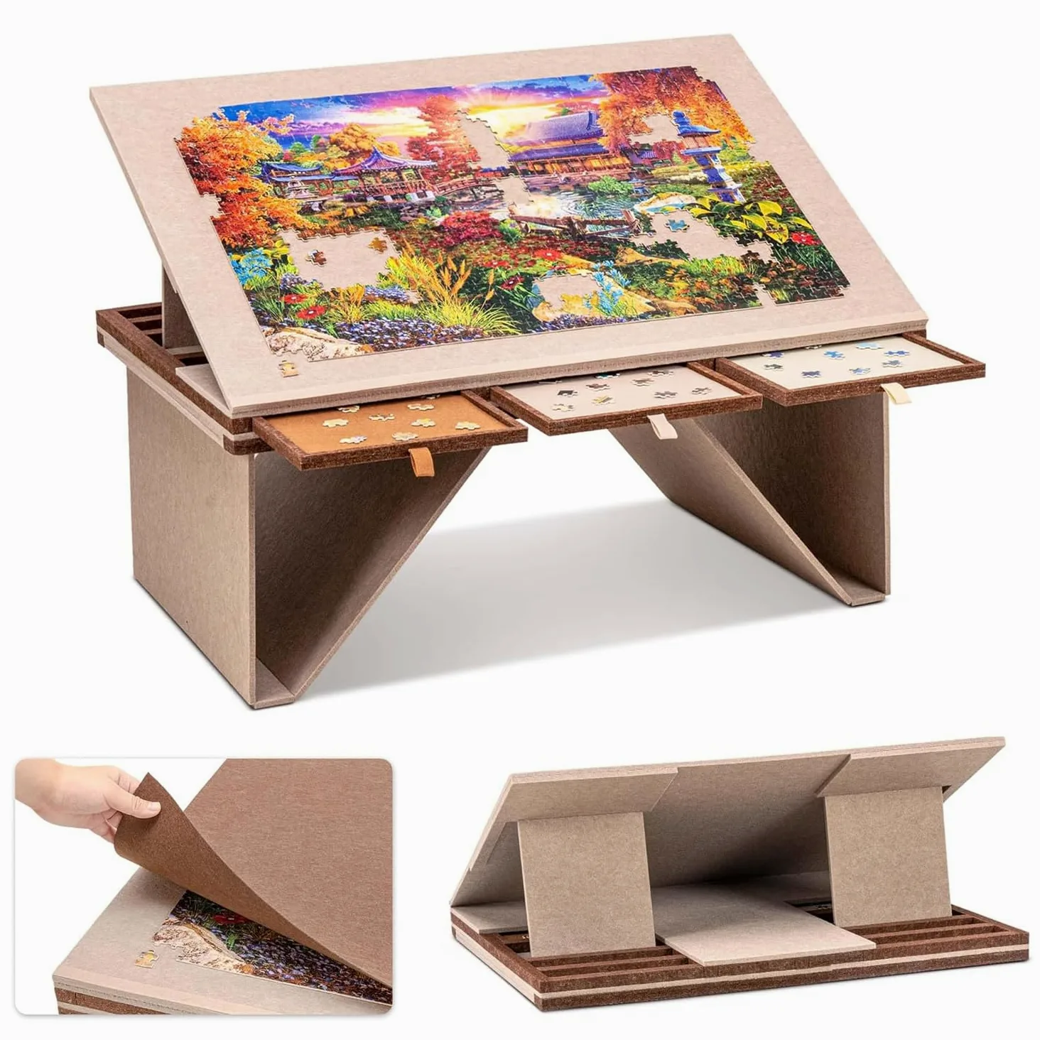 Support Puzzle,Table avec 3 Angles d'Inclinaison Réglables,Ultra-Légère Et Portable,avec des Pieds Pliables Et 3 Tiroirs,Conception 2-en-1 Légère pour Adultes,Convient pour Un Puzzle De 1000 Pièces