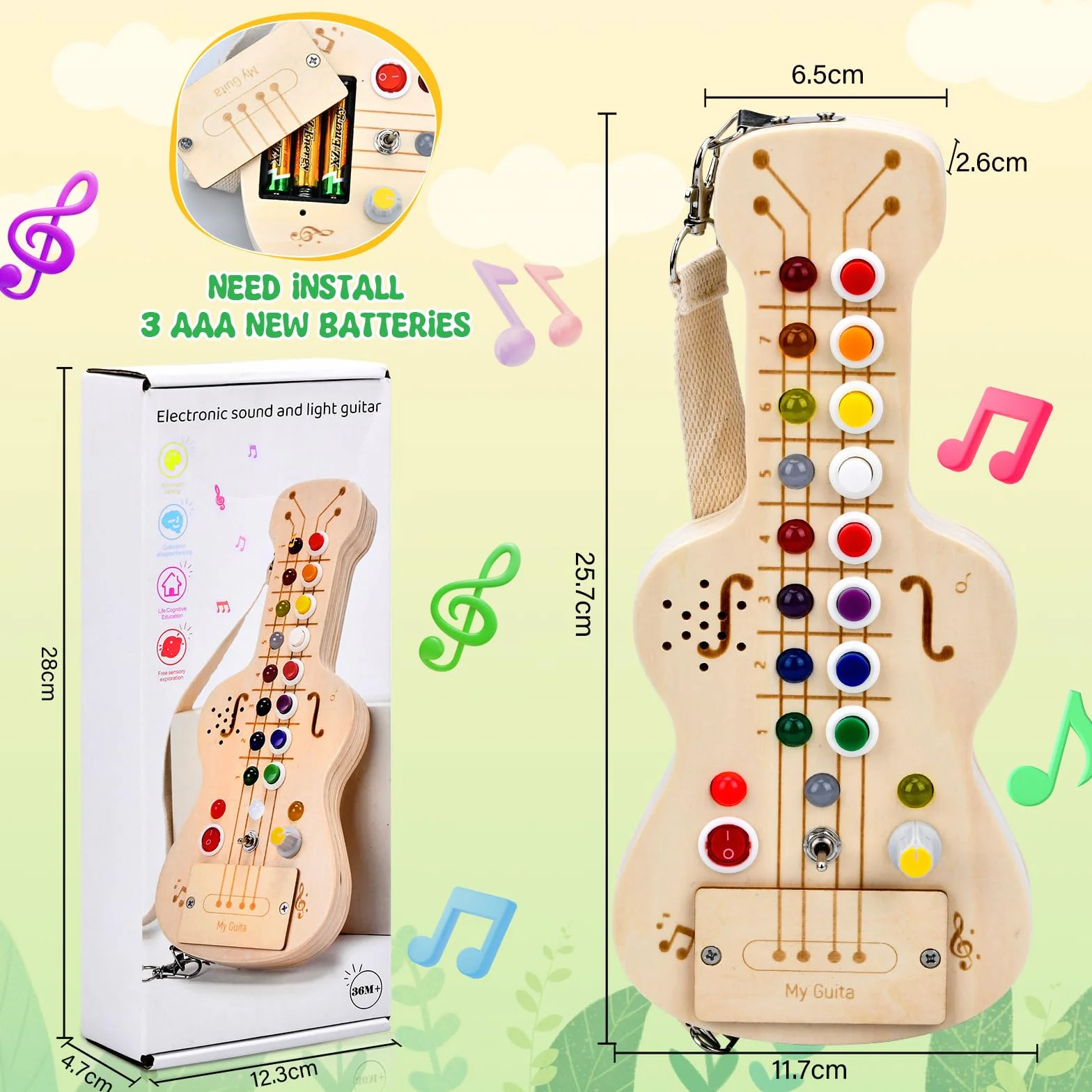 Busy Board Montessori Guitare Jouet Enfant avec Lumières LED et Boutons de Note Jouet en Bois Sensoriel pour 1-5 Ans