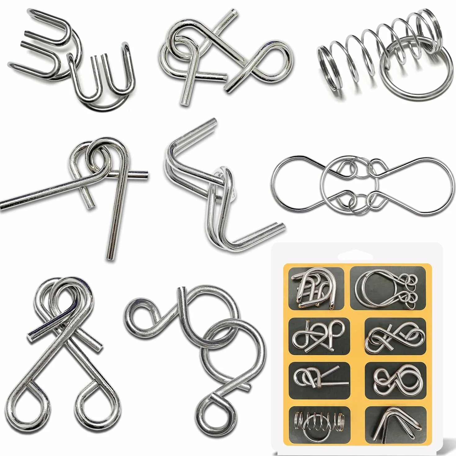 Métal Brain Teaser Puzzle, 8 Pièces Casse Tête Metallique IQ Test Disentanglement Jeu Educatif Cadeau