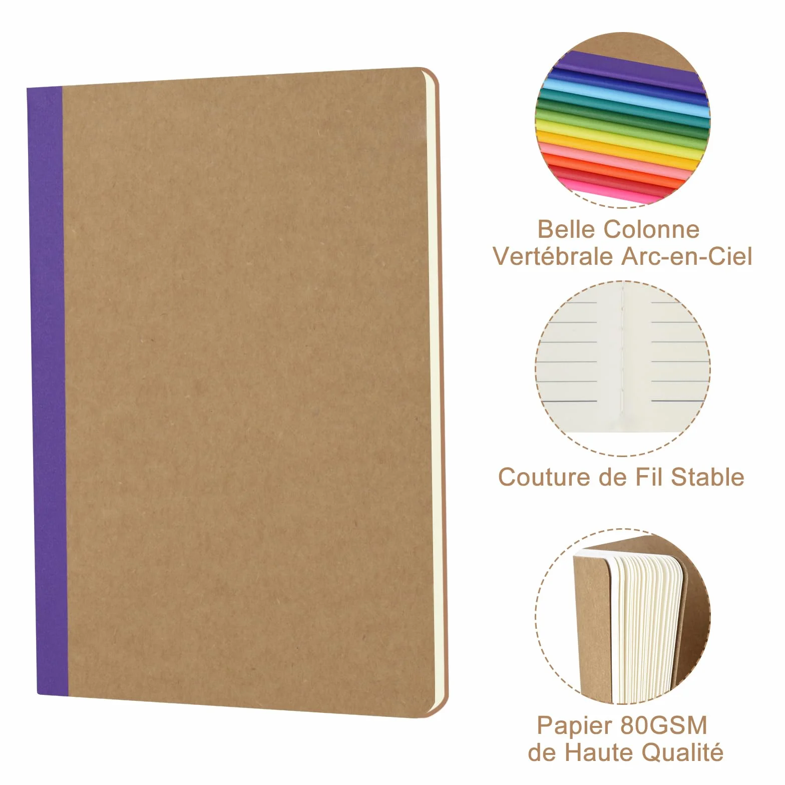 Cahiers Lignés avec Dos Arc-en-Ciel, Lot de 12 Blocs Carnet de Notes, Couverture Kraft, 60 Pages