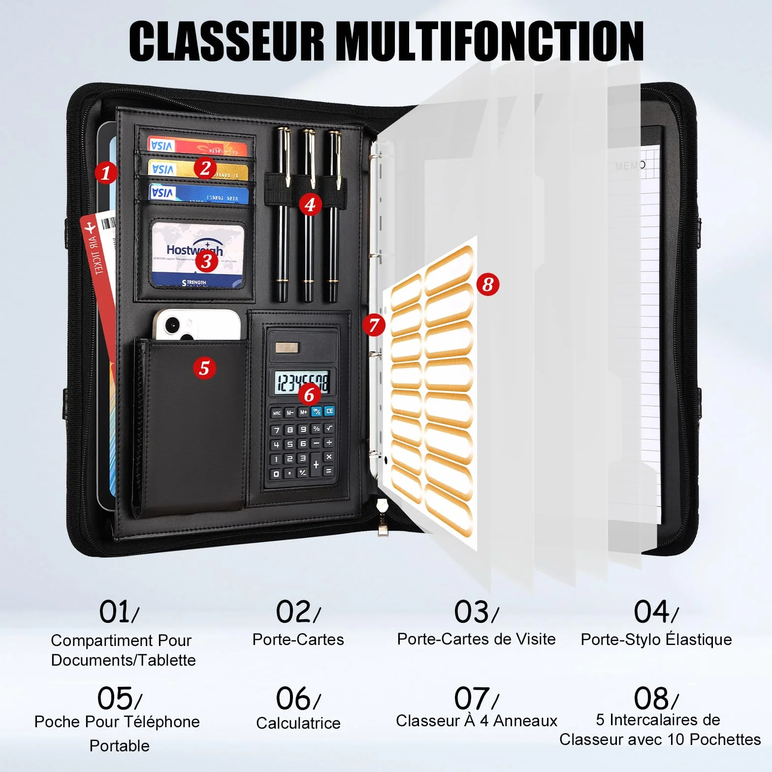 Leathario Porte Documents A4 Portfolio avec Stylo et 5 Intercalaires 10 Pochettes Padfolio Poignée Magnétique