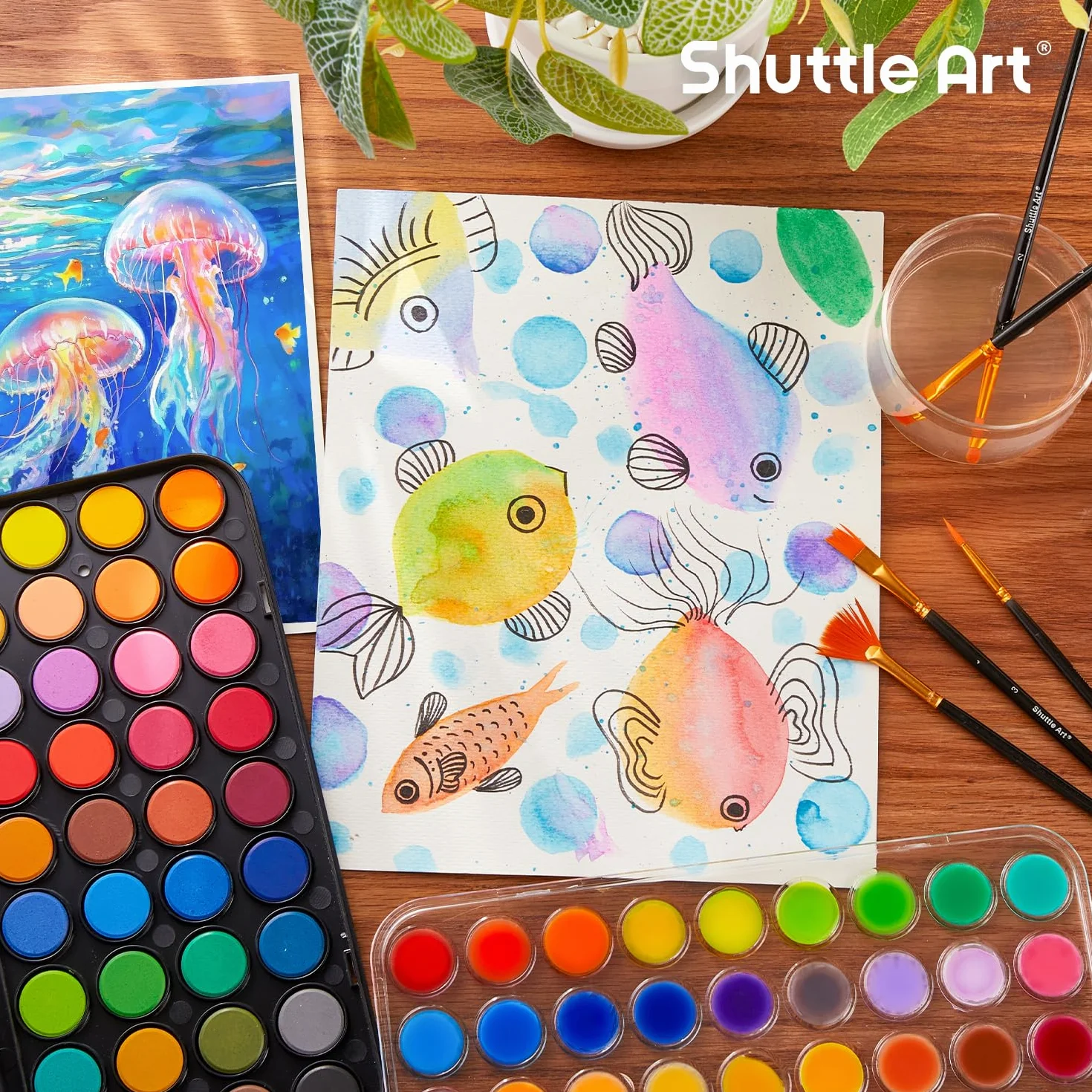 Shuttle Art Aquarelle Peinture, 36 Couleurs Set de Peinture Aquarelle avec 6 Pinceaux et 1 Bloc