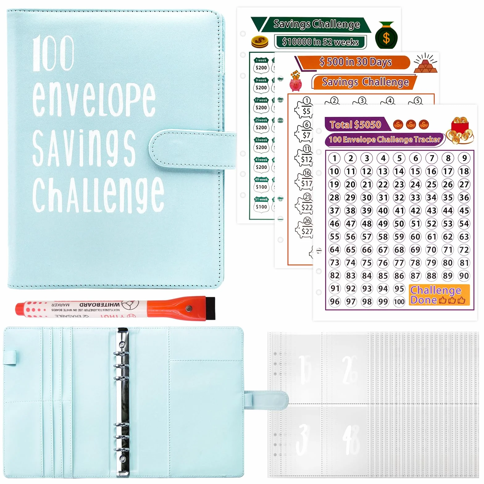 A5 Classeur Budget avec 100 Enveloppes, Planificateur Épargne, Bleu
