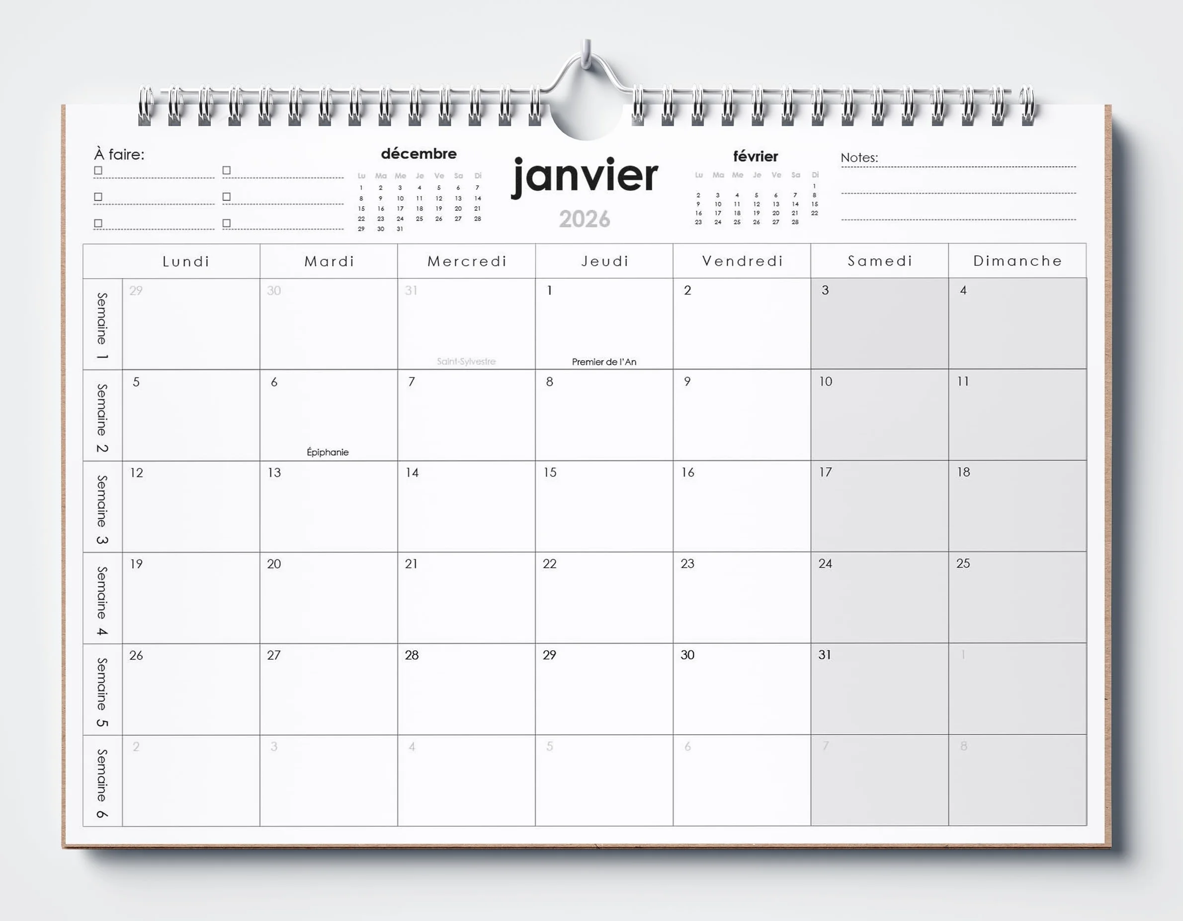 Huurdies Calendrier mural 18 mois A3+ 2026 reliure spirale impression une face dos carton numéros semaine jours fériés notes à faire