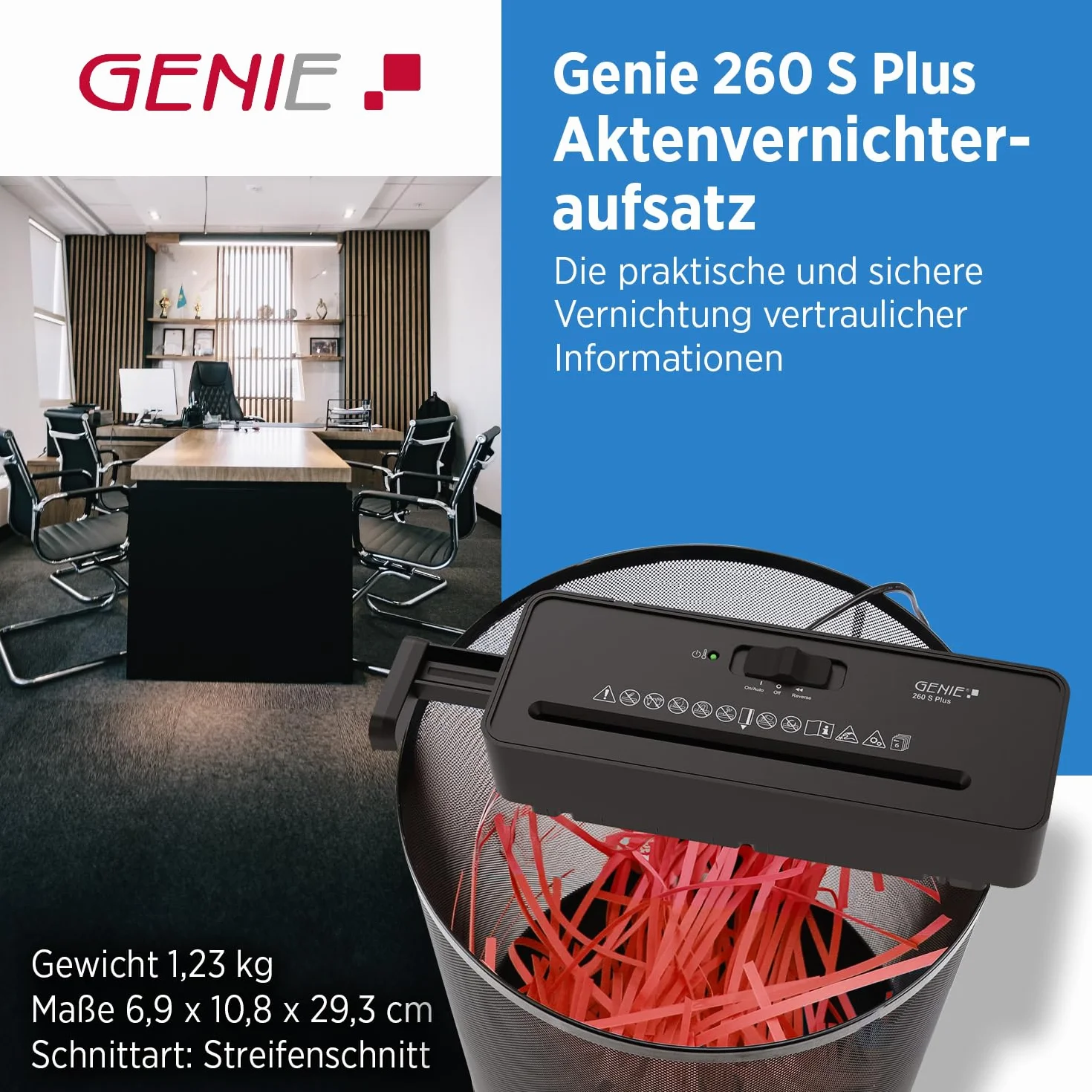 Genie 260 S Plus Destructeur de Documents Papier Coupe en Bandes 6 mm Compact