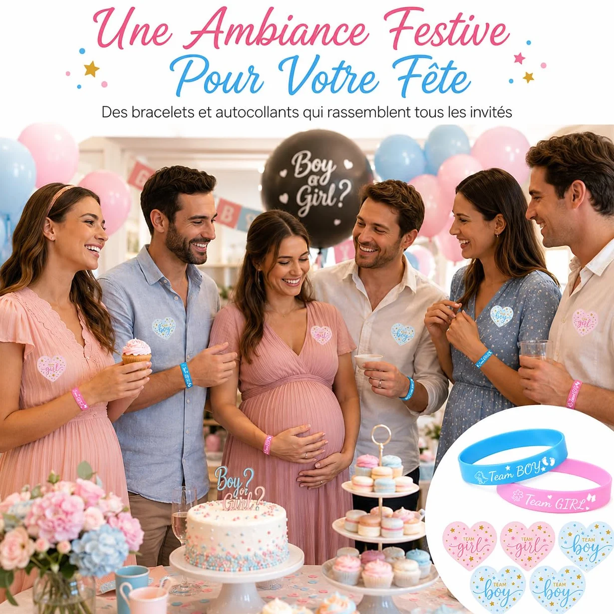 Kit de Révélation de Genre 60 Pièces avec Bracelets Silicone et Autocollants Cœur pour Annonce Grossesse
