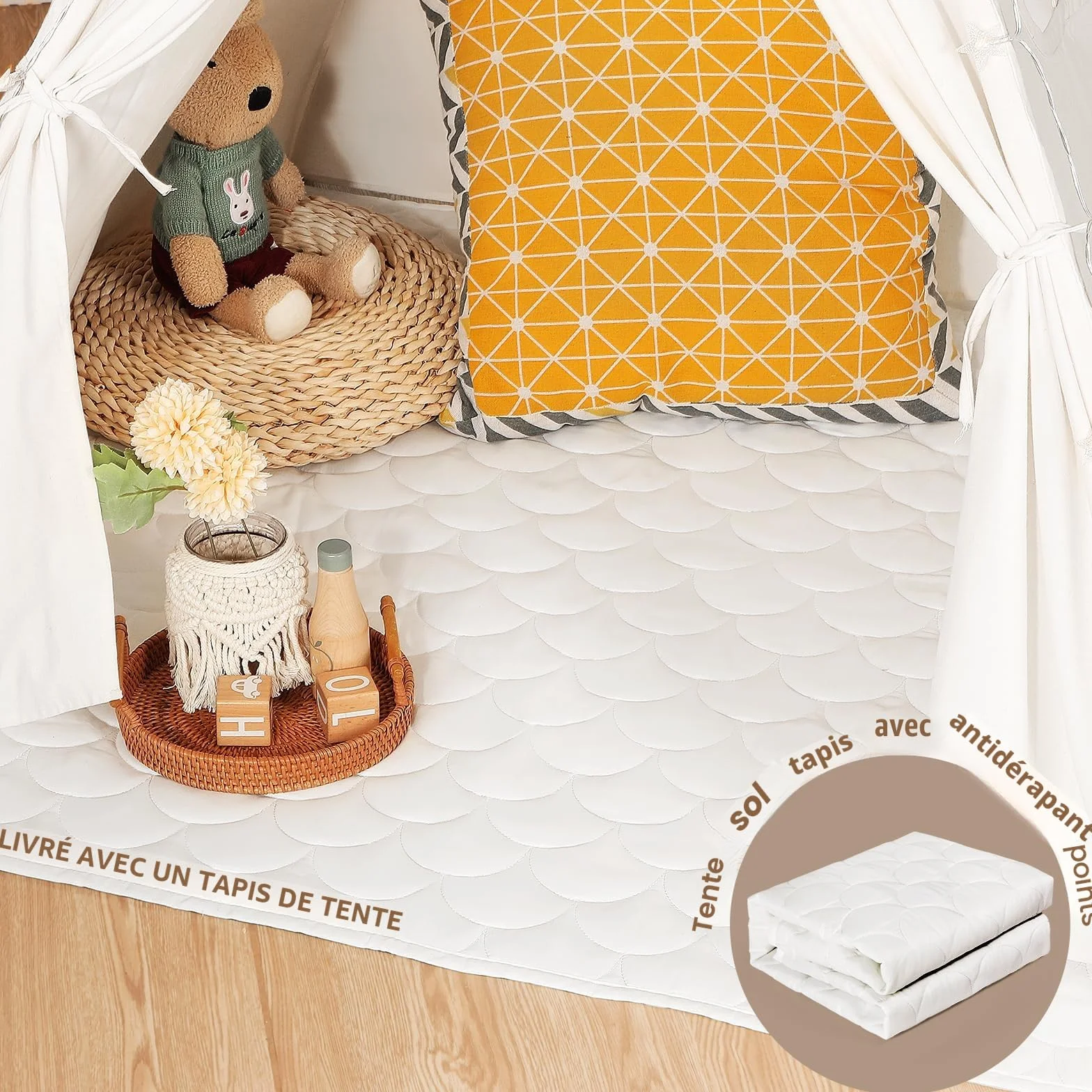Wilwolfer Tipi Tente Enfant Coton Interieur Tapis De Sol Jeu Filles Garcons