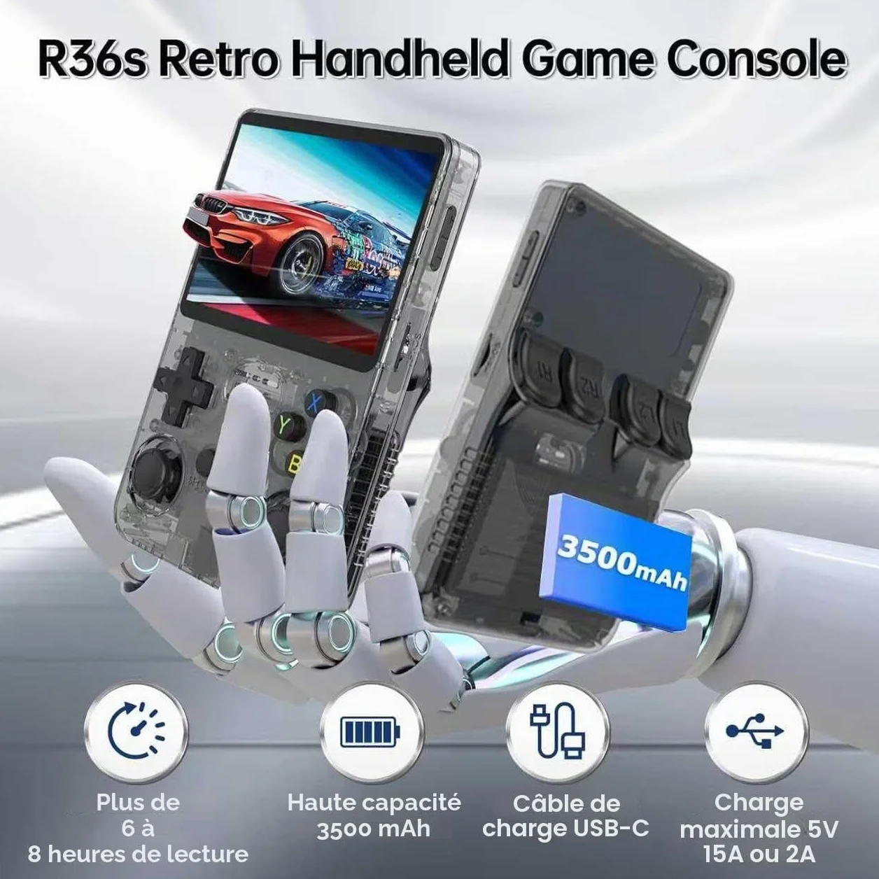Console de Jeux Rétro R36S, 3,5 Pouces Écran IPS, 128 Go Mémoire, 40000 Jeux, Violet