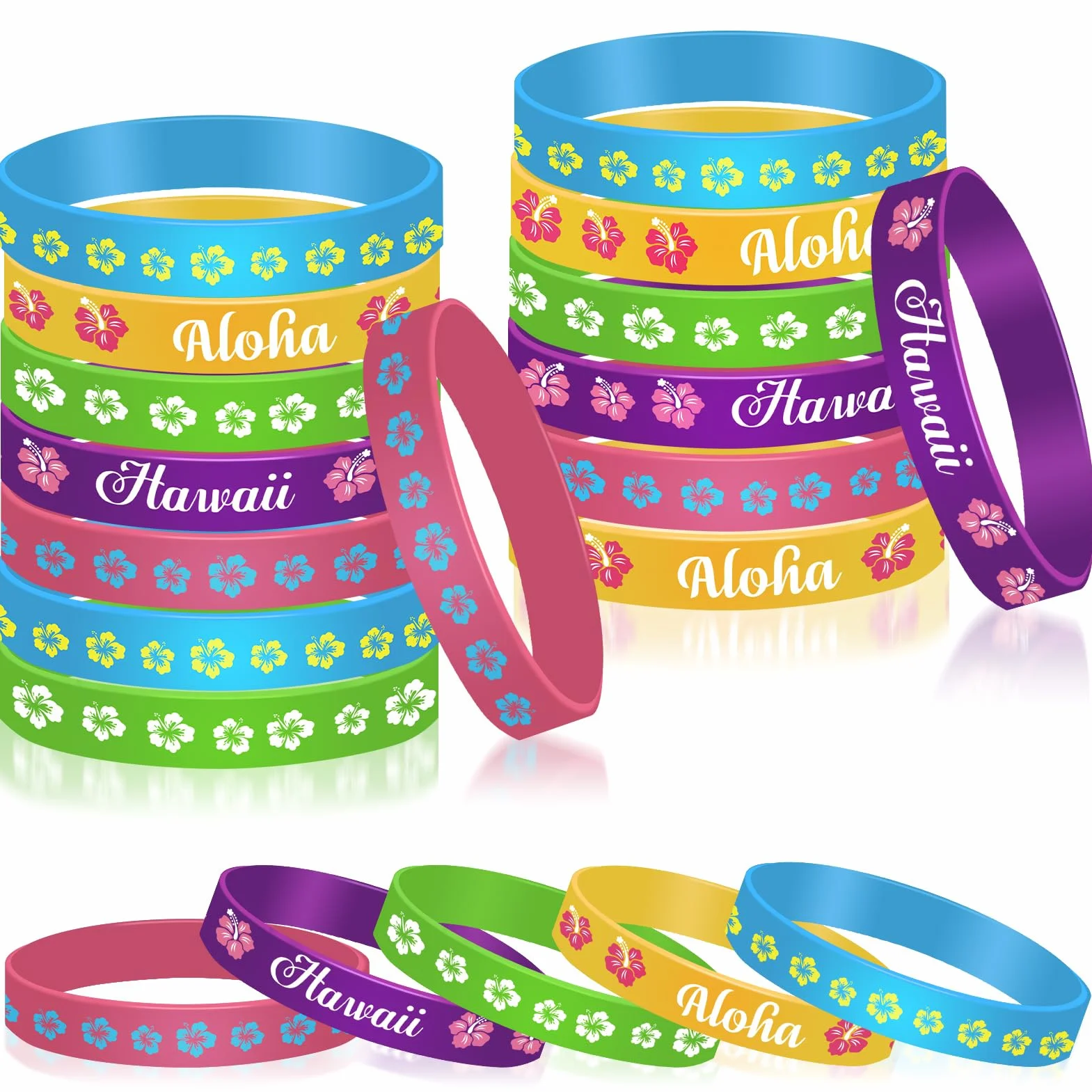 HOWAF 35pcs Bracelets Fleur Hibiscus Silicone Hawaienne Enfant Adultes Deco Plage Anniversaire Tropical Pool Party