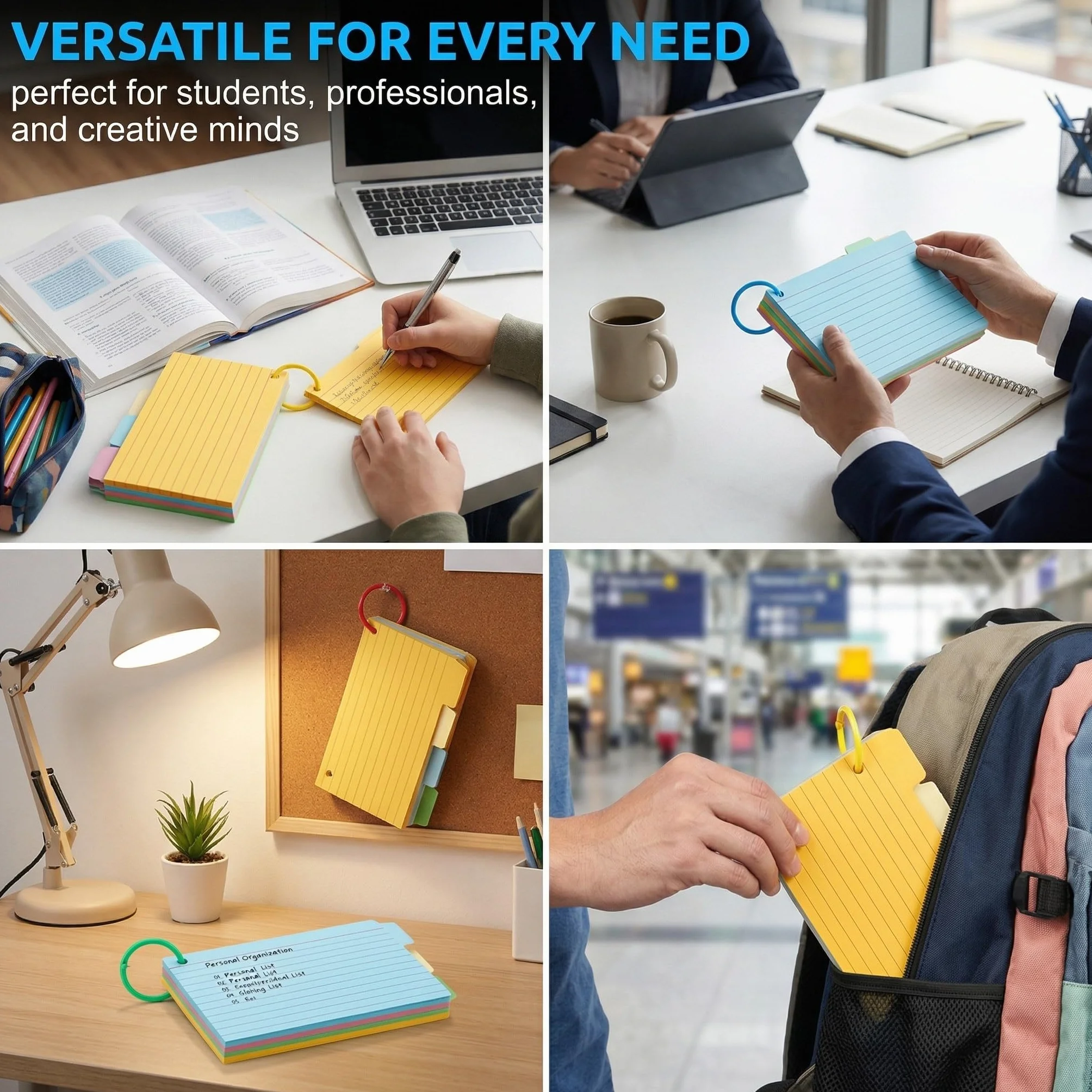 Blocs de Fiches Bristol de Révision 200 Pcs avec 10 Anneaux Colorés Flashcards Lignées pour Étude et Bureau