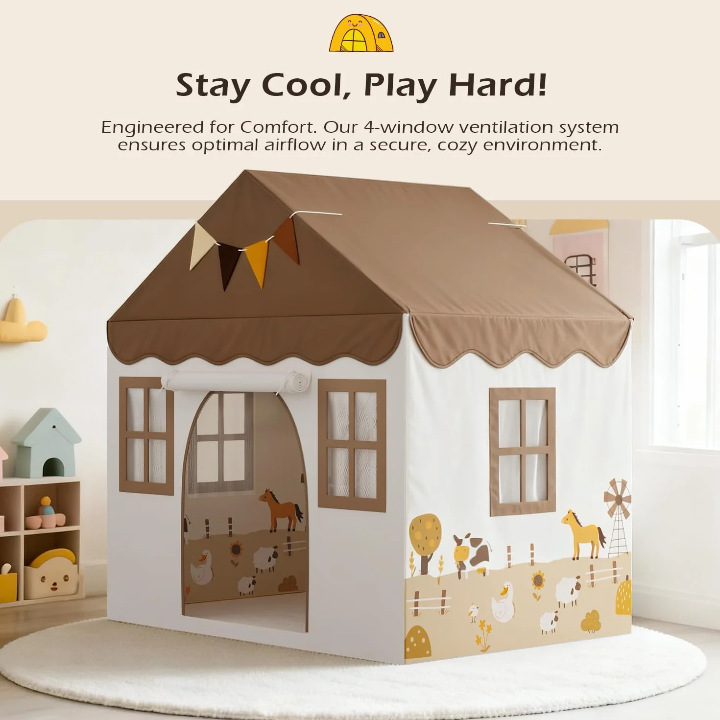 EagleStone Tente de Jeu pour Enfants avec Guirlandes et Tapis Moelleux, Intérieur, Cabane Lit-Tente, Coin Douillet, Beige