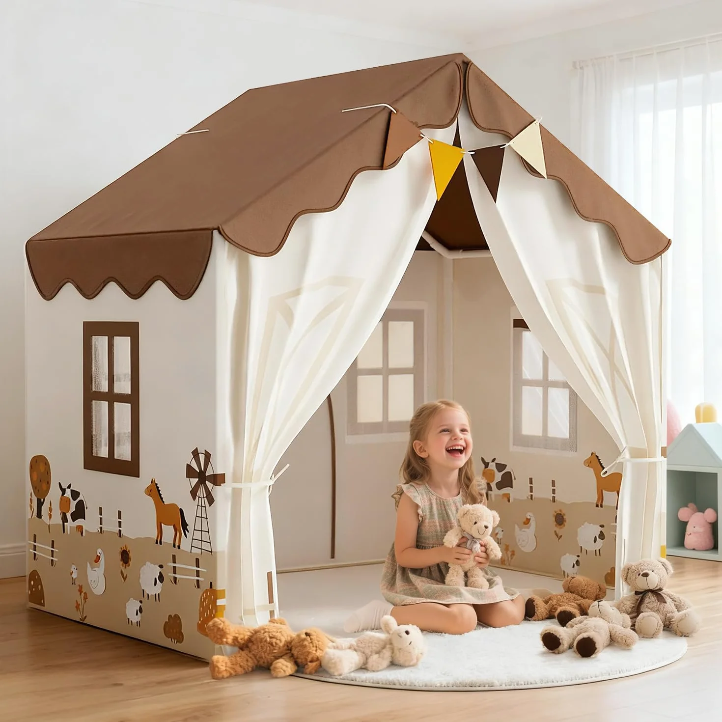 EagleStone Tente de Jeu pour Enfants avec Guirlandes et Tapis Moelleux, Intérieur, Cabane Lit-Tente, Coin Douillet, Beige