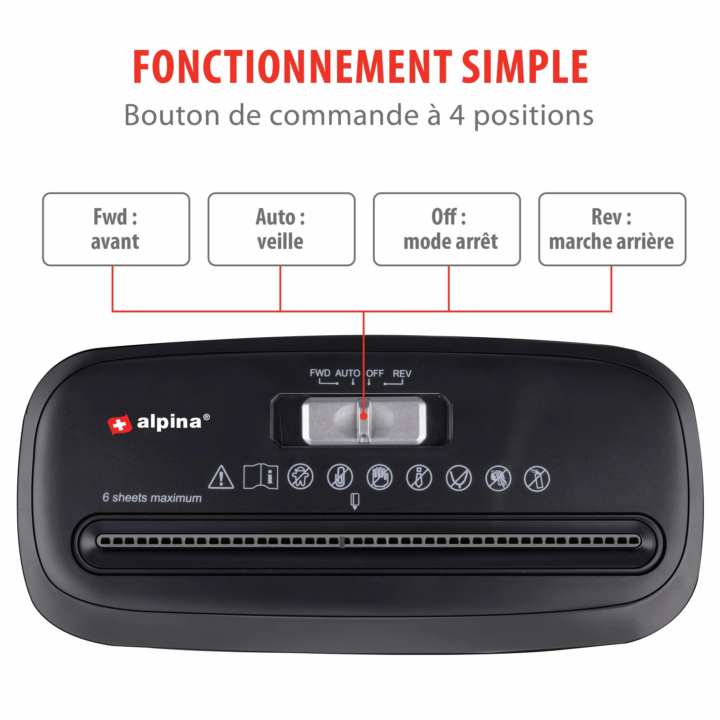 Alpina Destructeur de Documents Papier 6 Feuilles A4 Bac 10L 190W Noir