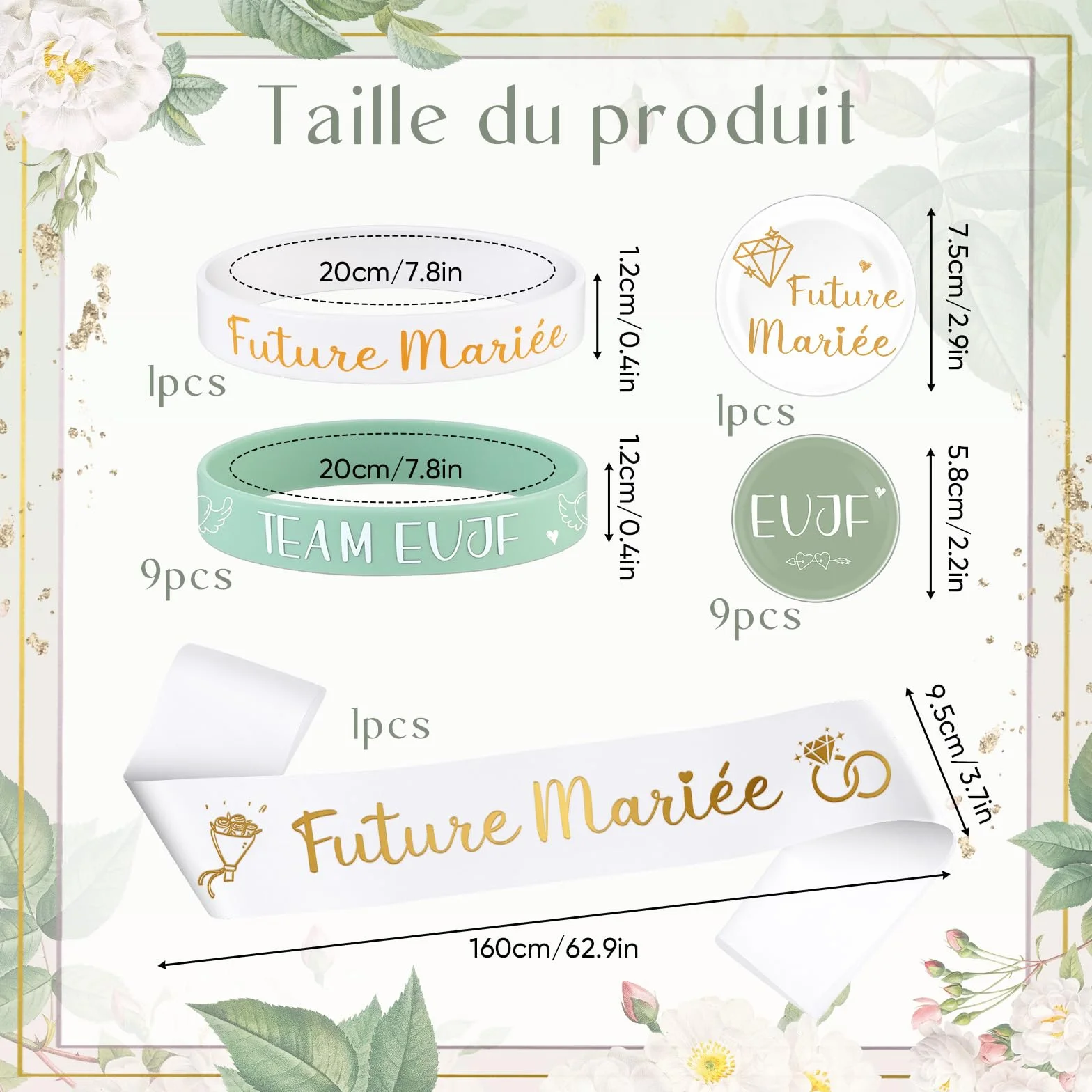 Accessoires de Mariage pour Future Mariée 21 Cadeaux EVJF avec Écharpe, Badges et Bracelets en Silicone