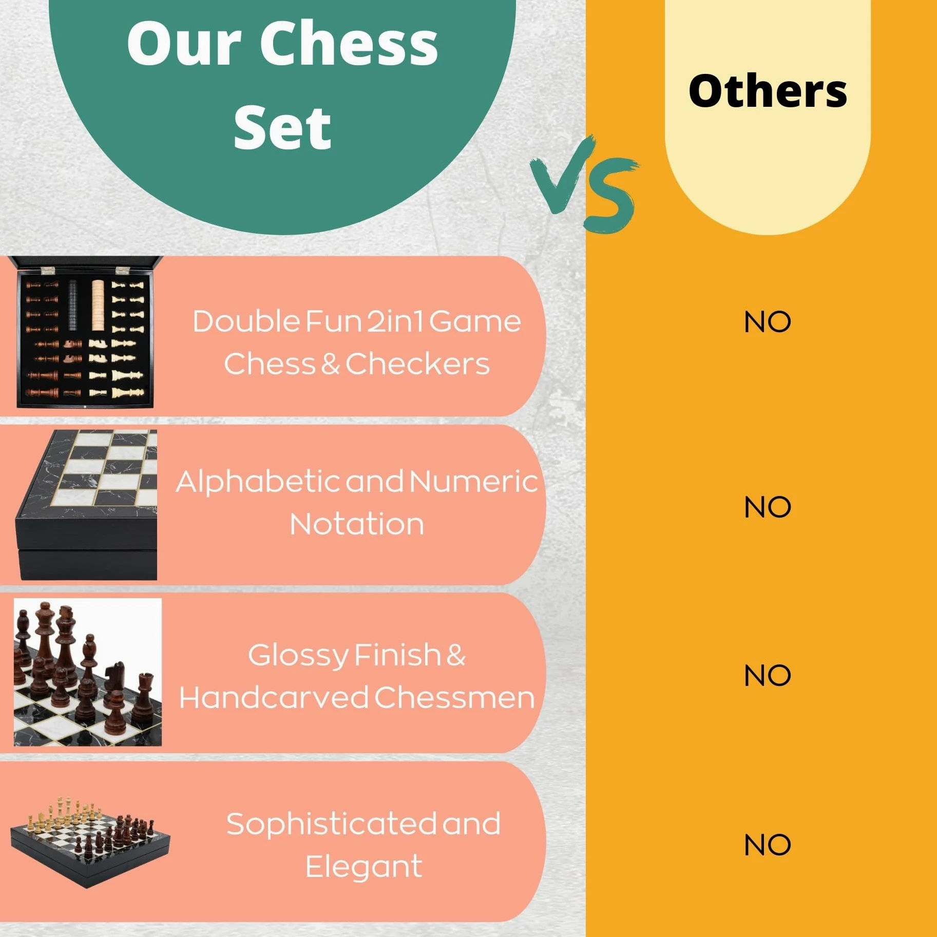 Jeu d'échecs de rangement personnalisé | 36 cm | Dames et pièces d'échecs en bois, courants d'air