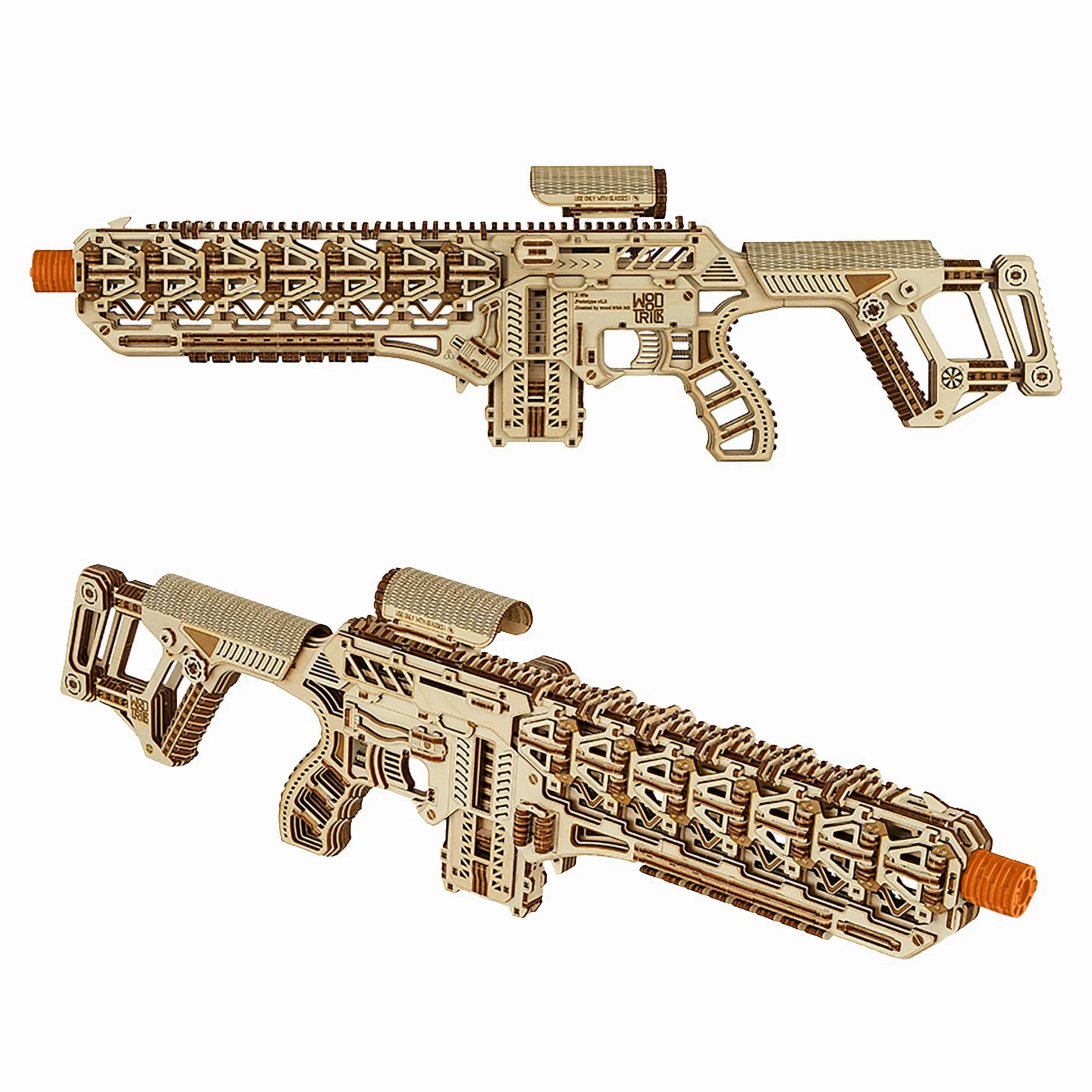 Wood Trick Fusion X Rifle Puzzle 3D en Bois pour Adultes à Construire | [512 Pièces] Chargeur 9 Coups et Crosse Télescopique - Kit de Maquette Mécanique en Bois DIY à Construire pour Adultes