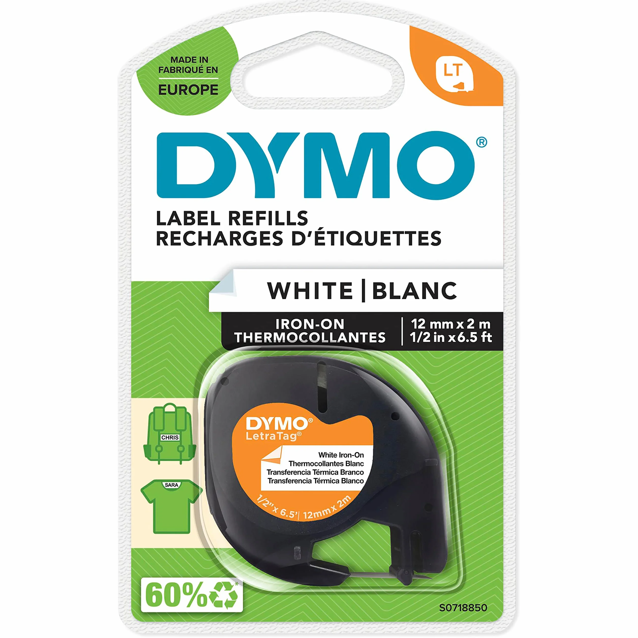 DYMO LetraTag Étiquettes Autocollantes 12 mm x 2 m Noir sur Blanc