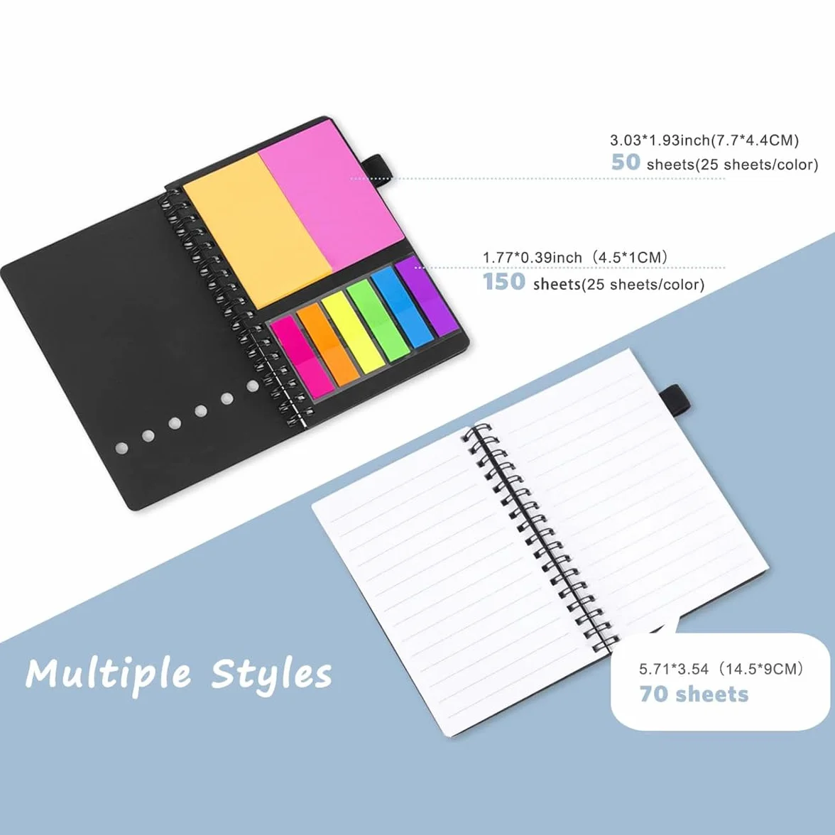 AGPTEK Carnet à Spirale avec Notes Colorées, Bloc Note Couverture Kraft, Cahier Spirale avec Porte-Stylo, Notes Autocollantes pour Étude et Bureau Noir