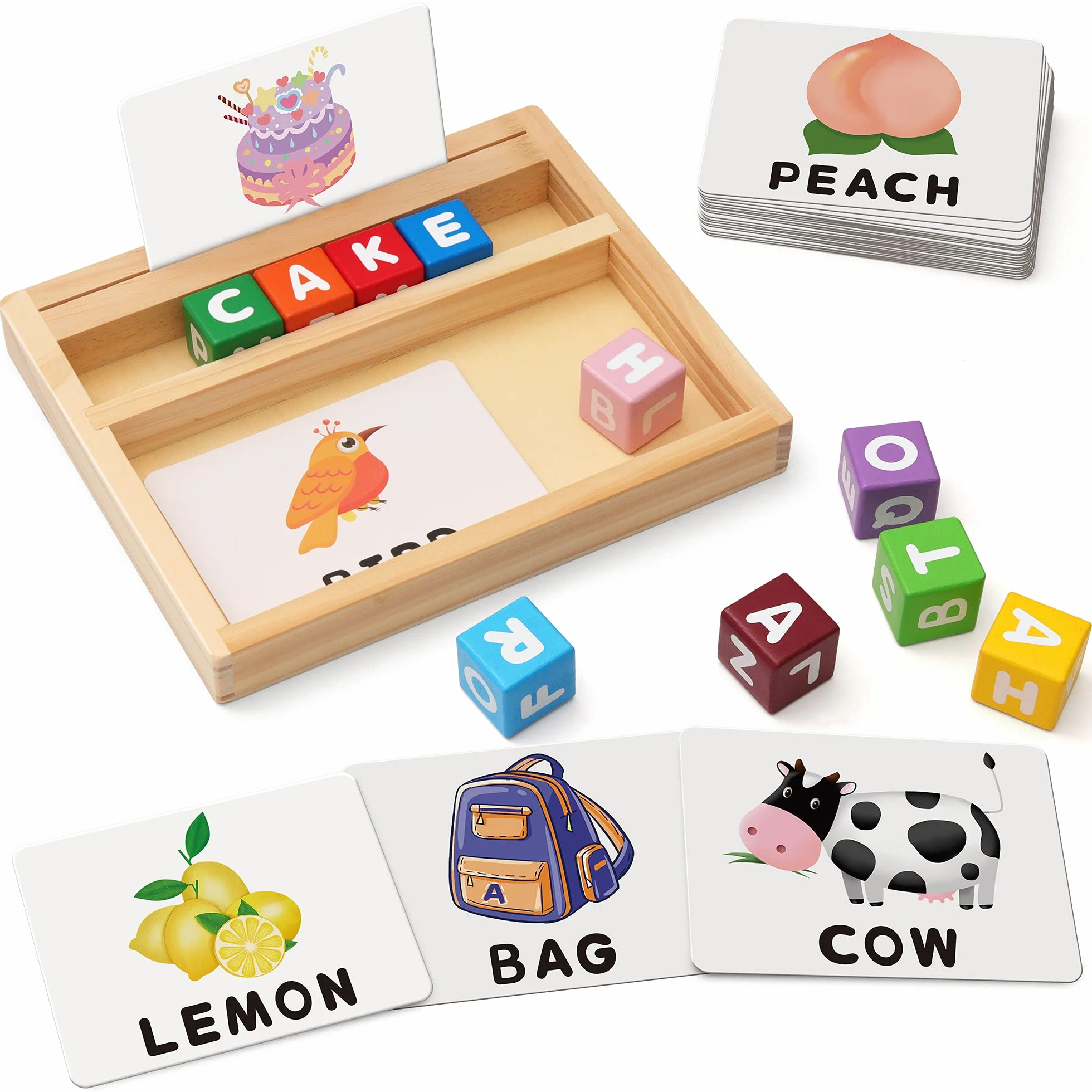 Coogam Jeux d'orthographe Blocs de Couleur, Lettres Assorties en Bois, Alphabet ABC Montessori Jouet éducatif