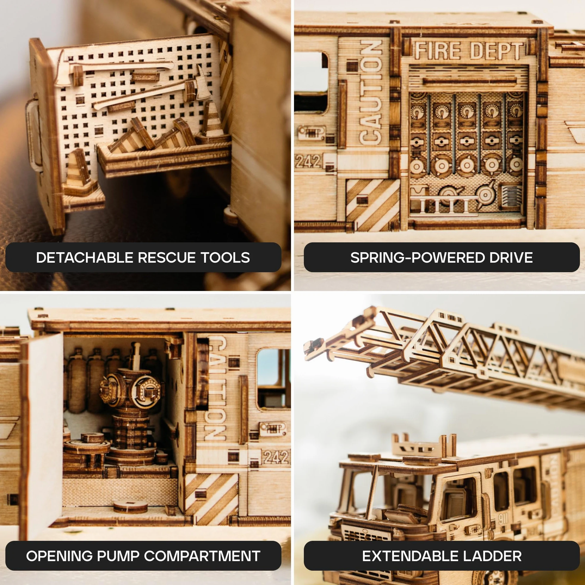 Wood Trick Rescue Firetruck Puzzle 3D en Bois pour Adultes à Construire | [636 Pièces] Roule sur 6,1 m - Kit de Maquette Mécanique de Locomotive en Bois DIY à Construire pour Adultes