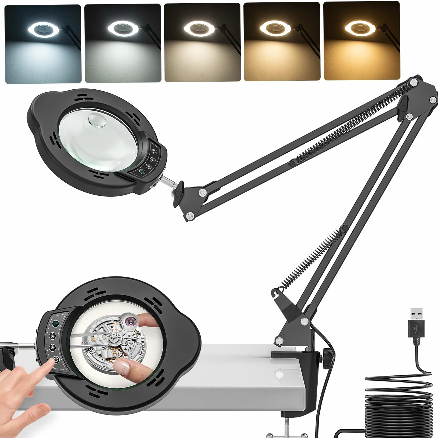 Lampe de Bureau Loupe 15X 10X LED avec Pince et Bras Pivotant, 5 Modes de Couleurs Réglables