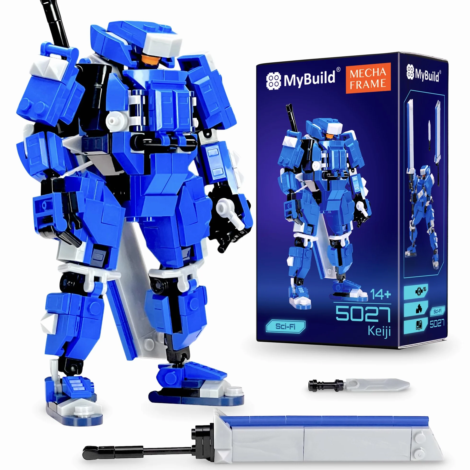 MyBuild Keiji 5027 Unité Mecha à Armure Bleue avec Épée Longue Robot Articulé Jouet Construction 14+