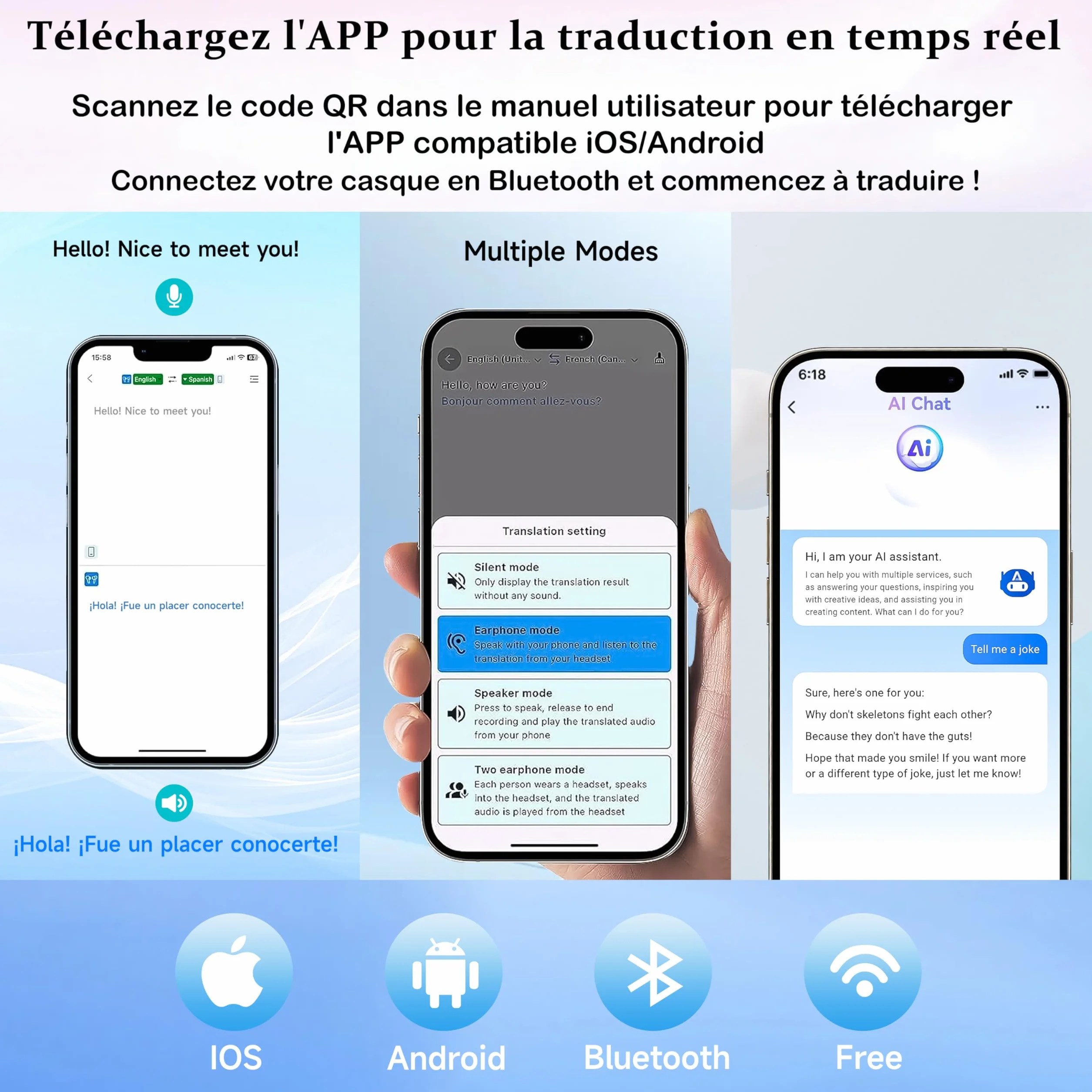 Écouteurs Bluetooth Traducteur Vocal Instantané IA, 140+ Langues, Sans WiFi, Compatible iOS Android